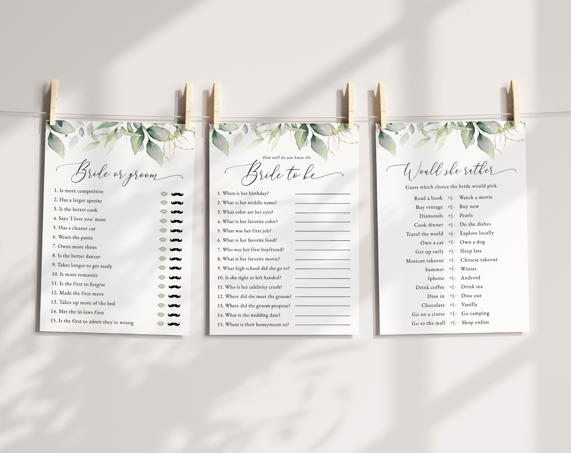 Greenery and Gold Bridal Shower Games, Set of 3 Games, Printable File, Edit Yourself, SH167