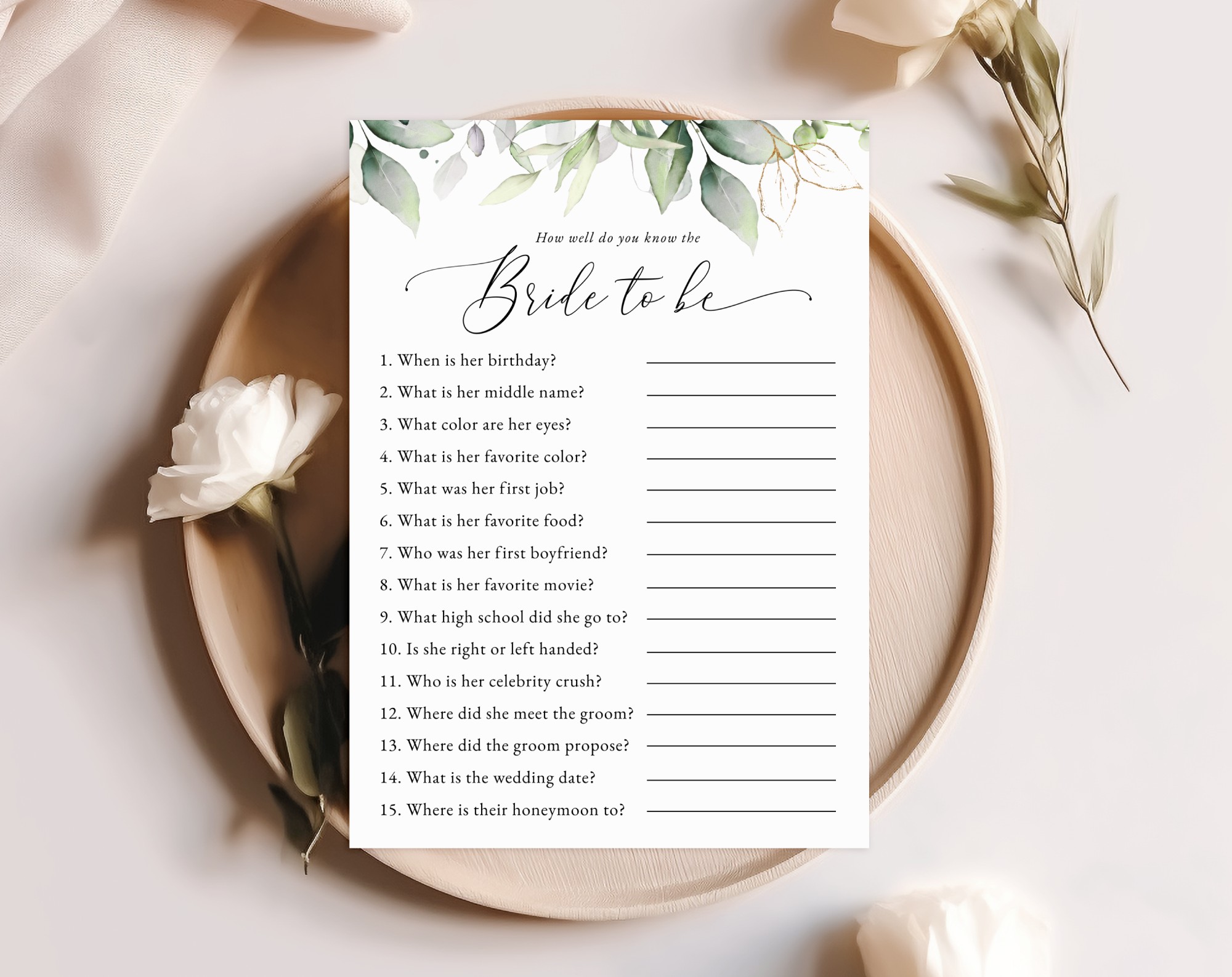 Greenery and Gold Bridal Shower Games, Set of 3 Games, Printable File, Edit Yourself, SH167