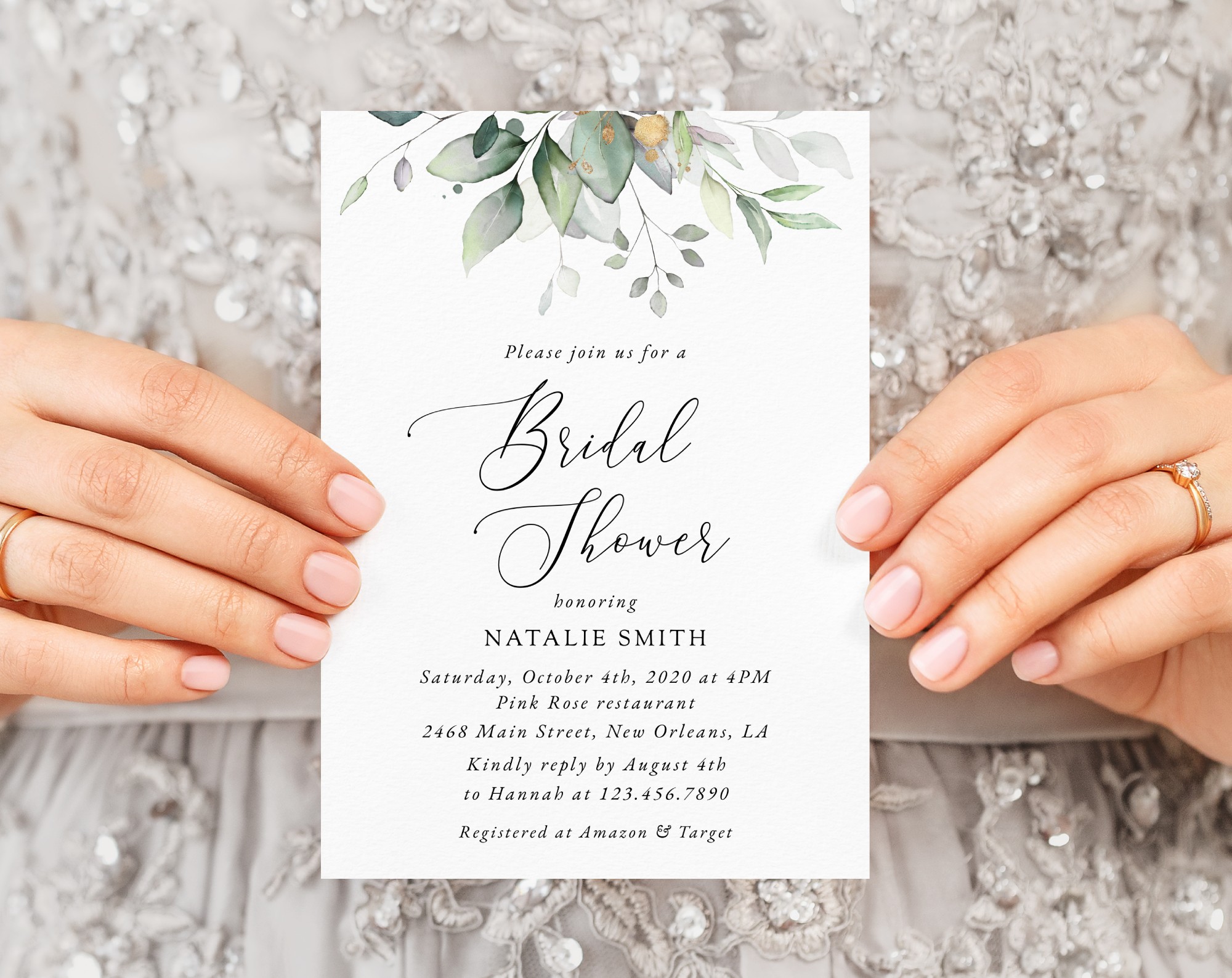 Greenery and Gold Bridal Shower Invitation, Bridal Stationery, Printable File, Edit Yourself, SH167