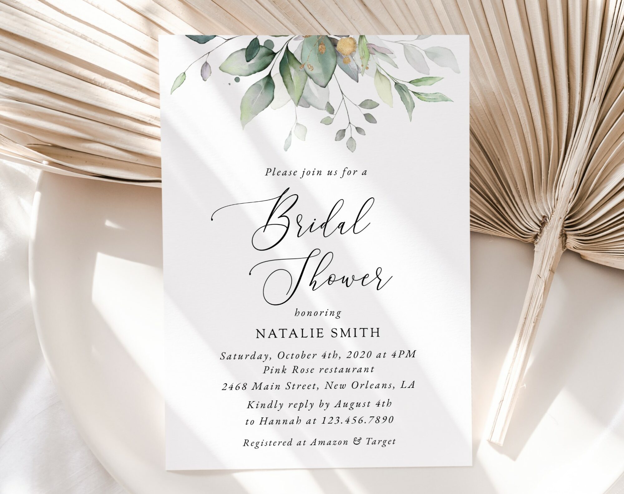 Greenery and Gold Bridal Shower Invitation, Bridal Stationery, Printable File, Edit Yourself, SH167