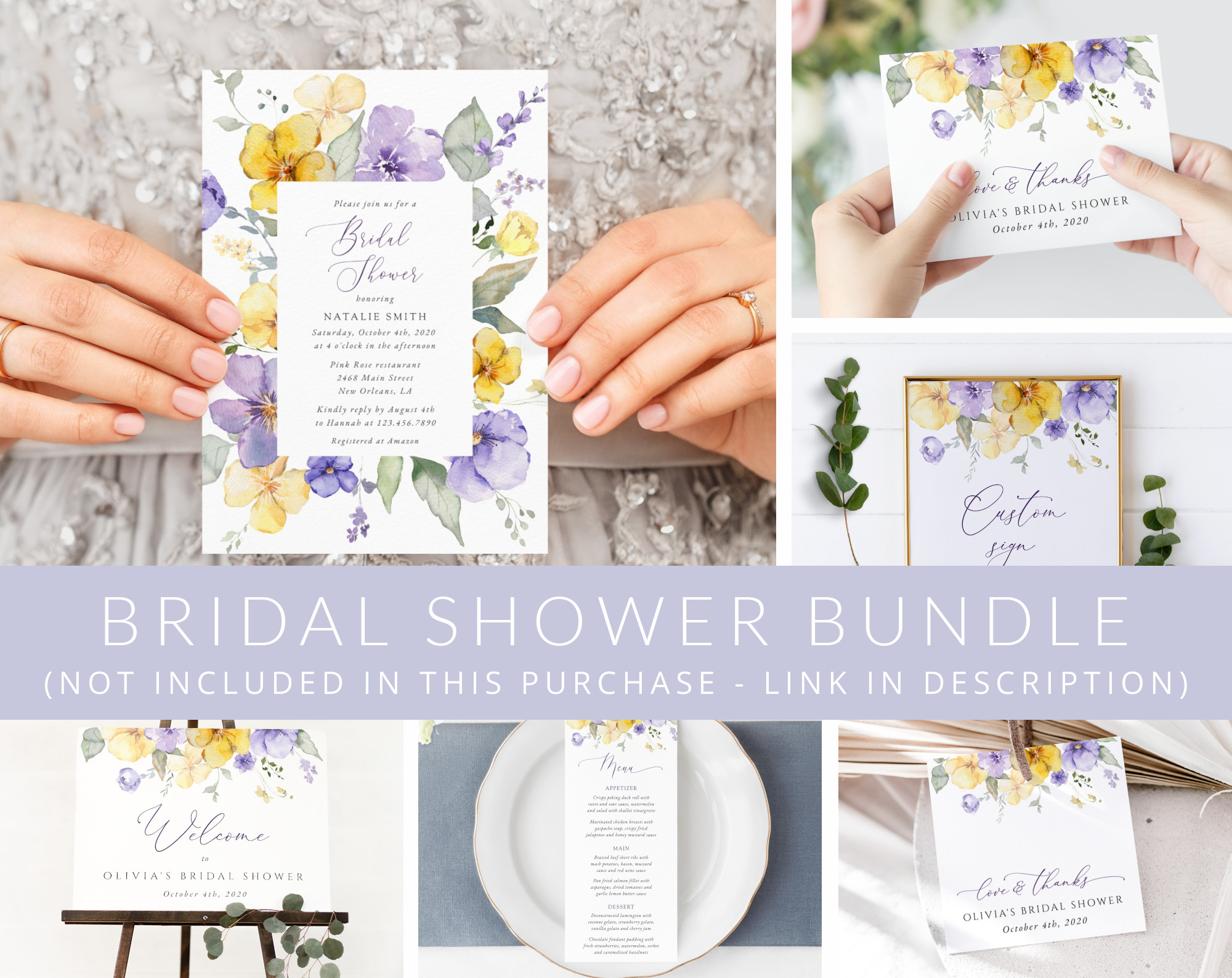 Purple and Yellow Flowers Bridal Shower Mini Bundle, Printable File, Edit Yourself, SH168