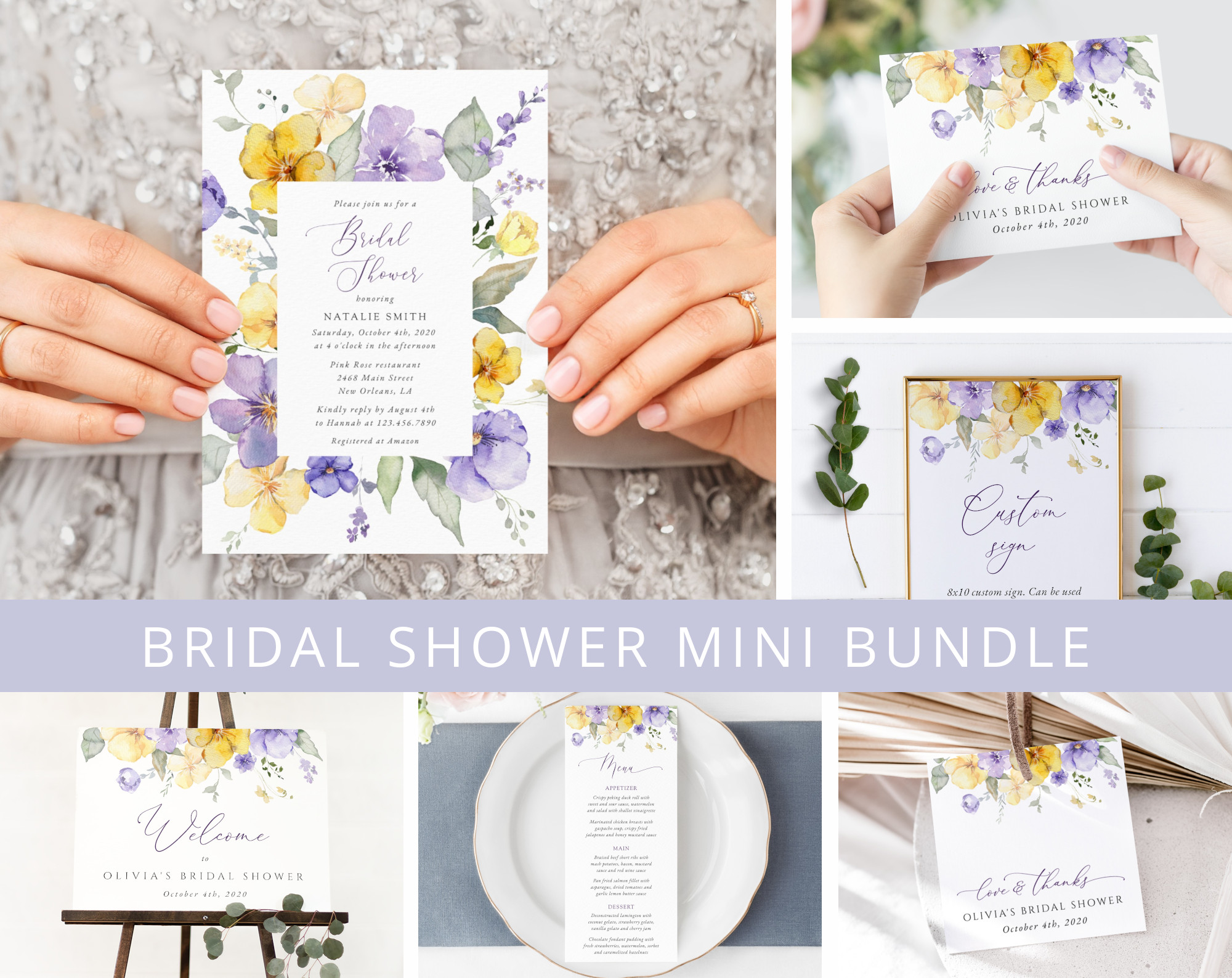 Purple and Yellow Flowers Bridal Shower Mini Bundle, Printable File, Edit Yourself, SH168