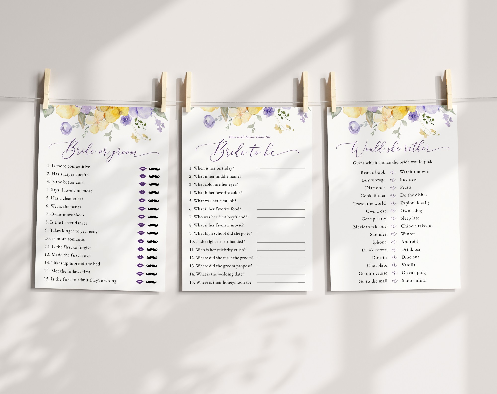Purple and Yellow Flowers Bridal Shower Games, Set of 3 Games, Printable File, Edit Yourself, SH168