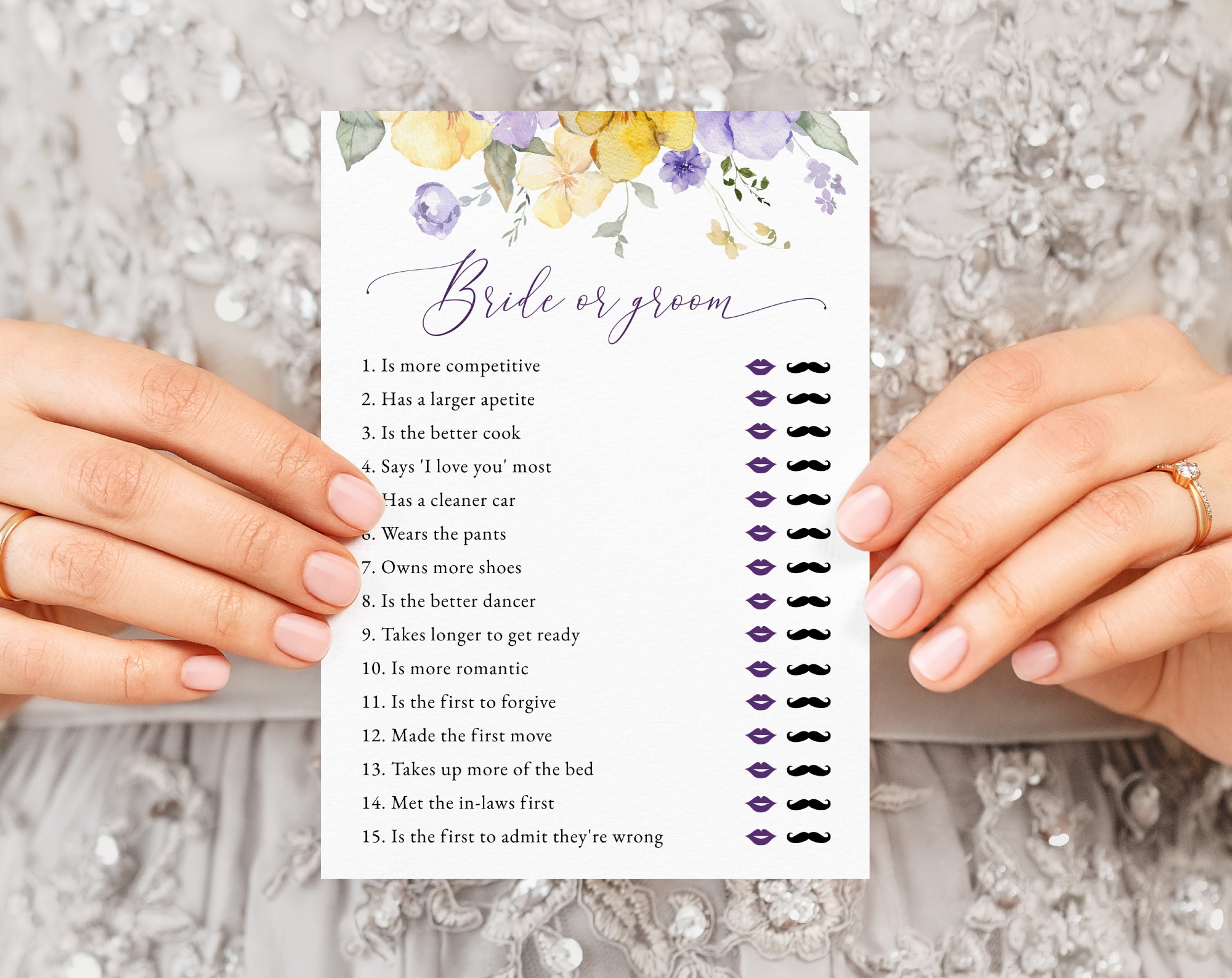 Purple and Yellow Flowers Bridal Shower Games, Set of 3 Games, Printable File, Edit Yourself, SH168