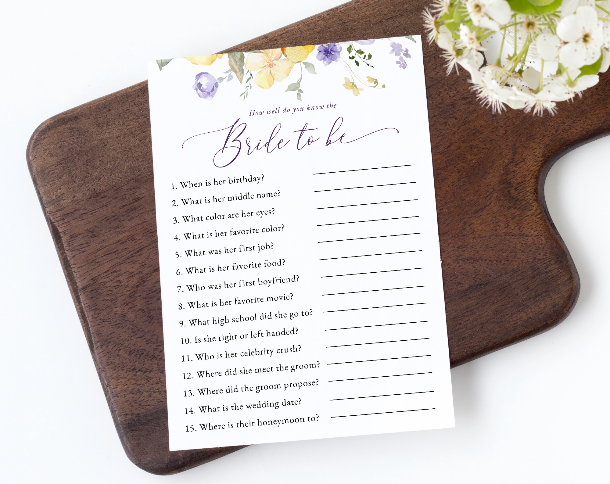 Purple and Yellow Flowers Bridal Shower Games, Set of 3 Games, Printable File, Edit Yourself, SH168