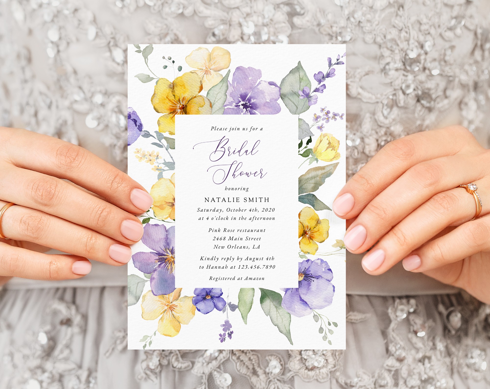 Purple and Yellow Flowers Bridal Shower Invitation, Bridal Stationery, Printable File, Edit Yourself, SH168