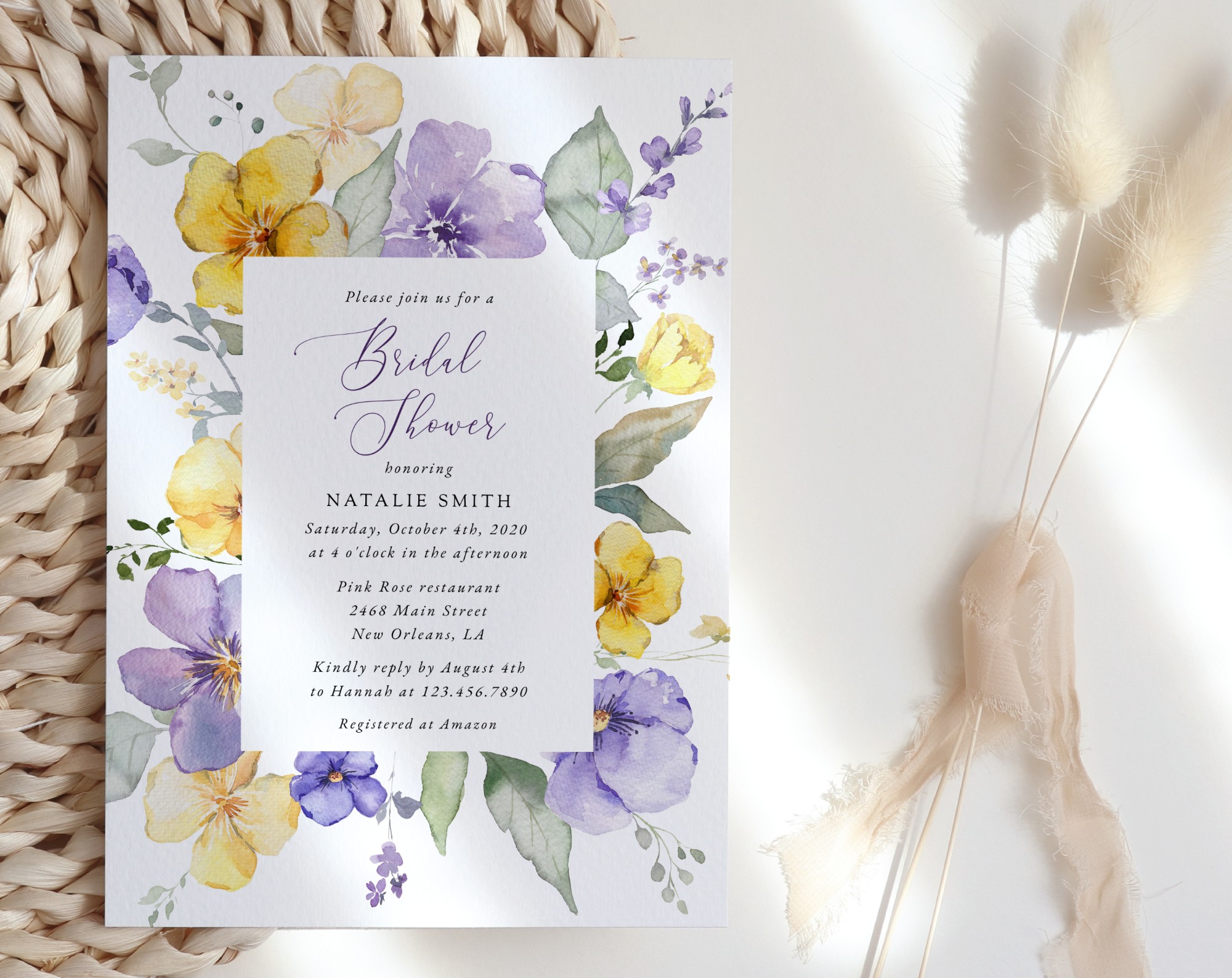Purple and Yellow Flowers Bridal Shower Invitation, Bridal Stationery, Printable File, Edit Yourself, SH168