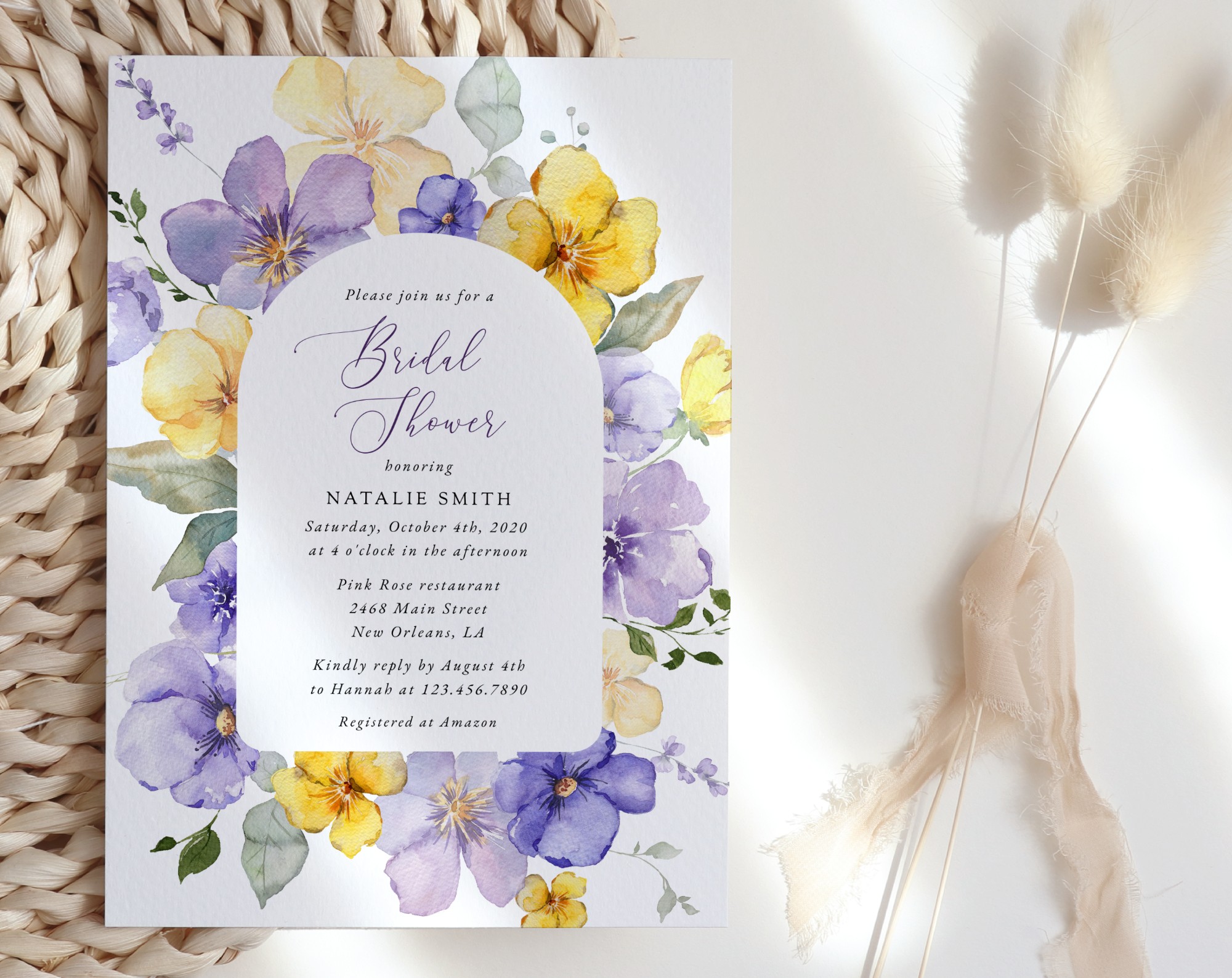 Purple and Yellow Flowers Bridal Shower Invite, Bridal Stationery, Printable File, Edit Yourself, SH168