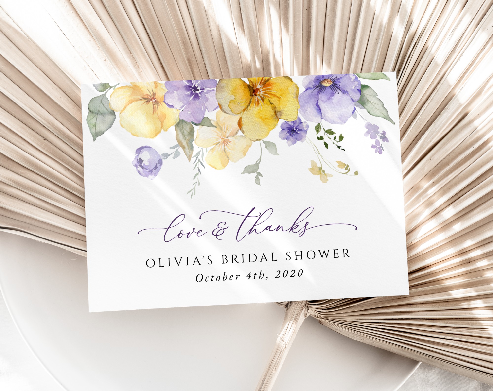 Purple and Yellow Flowers Thank You Card, Bridal Shower Stationery, Printable File, Edit Yourself, SH168