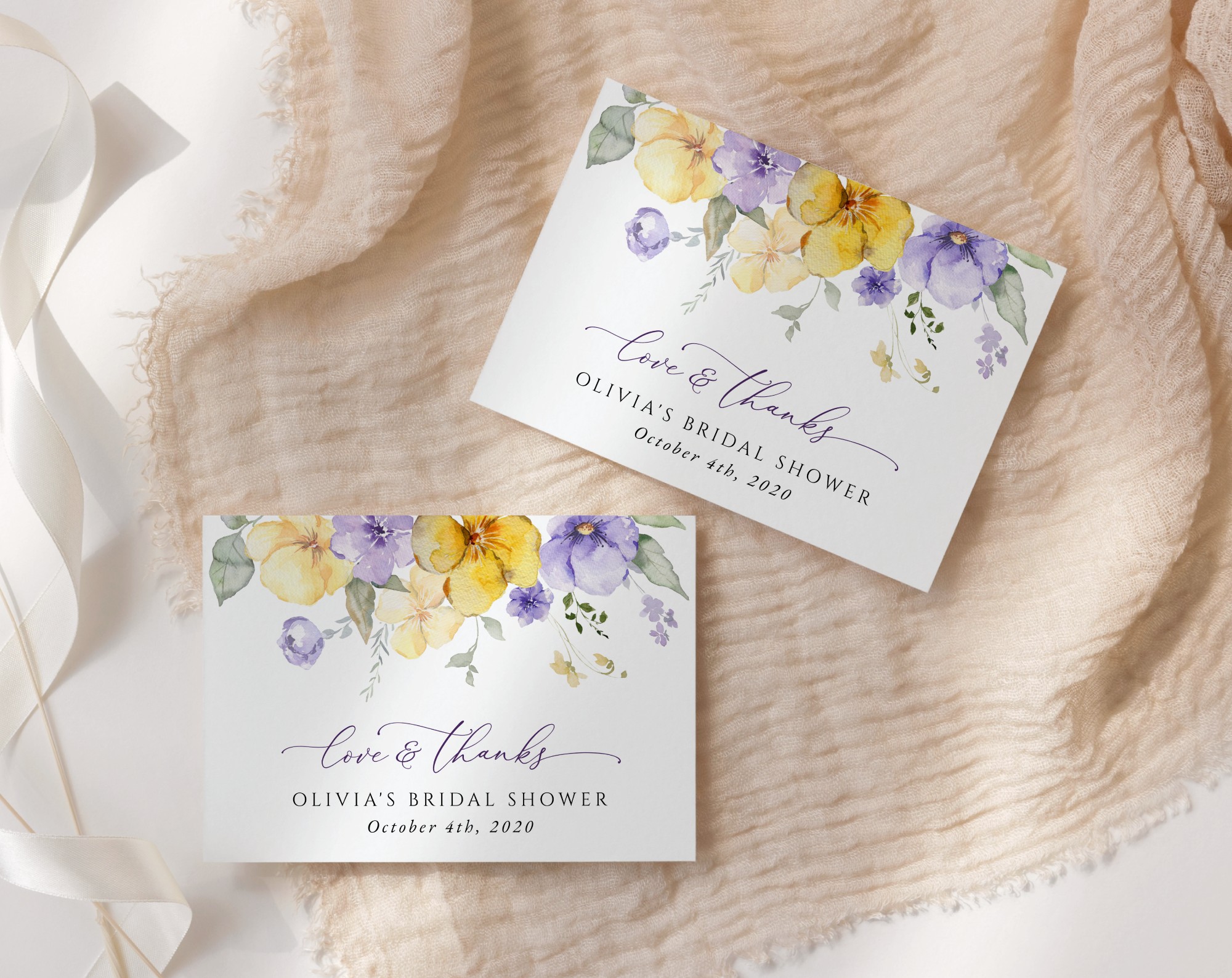 Purple and Yellow Flowers Thank You Card, Bridal Shower Stationery, Printable File, Edit Yourself, SH168