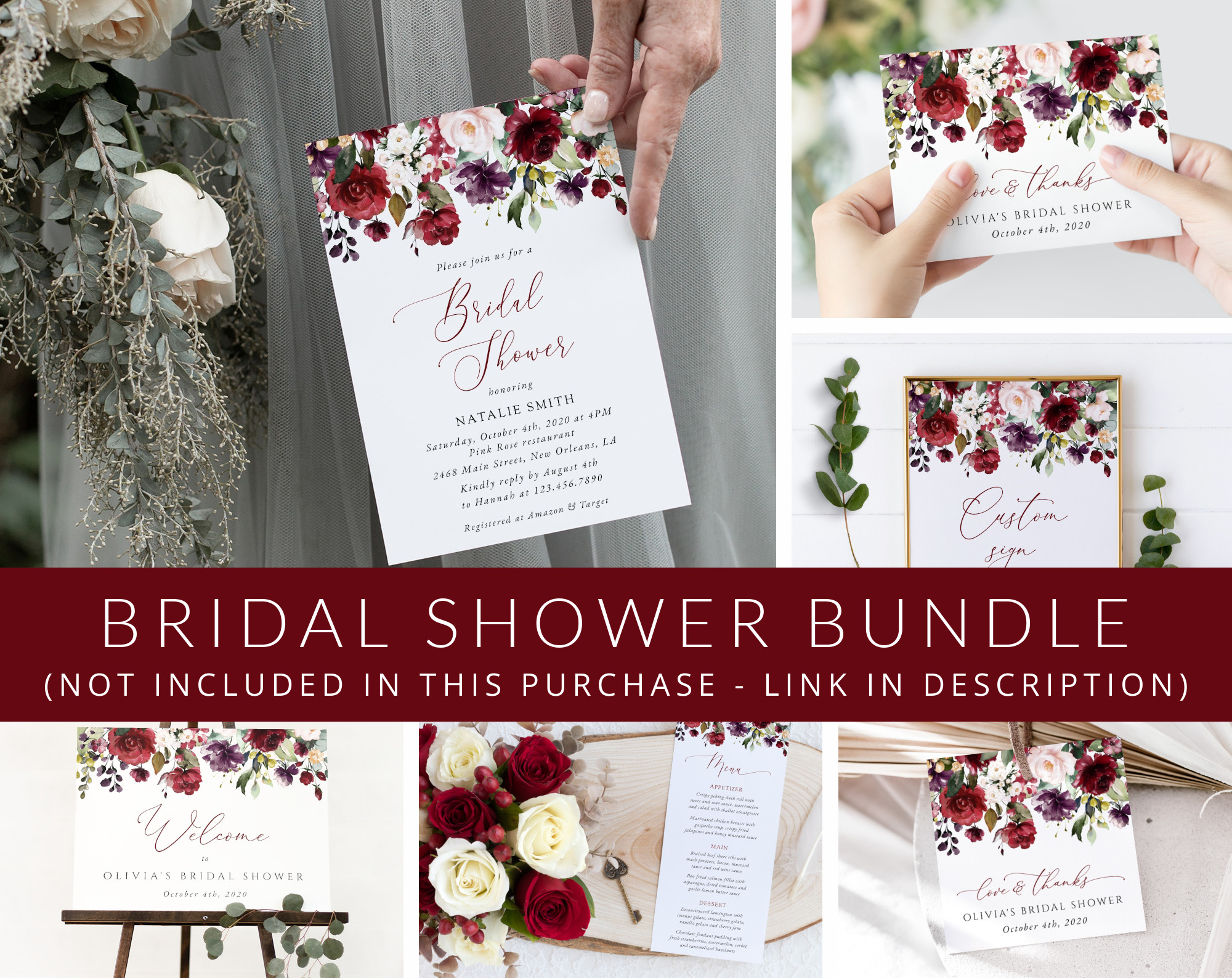 Burgundy, Purple and Blush Flowers Bridal Shower Mini Bundle, Printable File, Edit Yourself, SH169