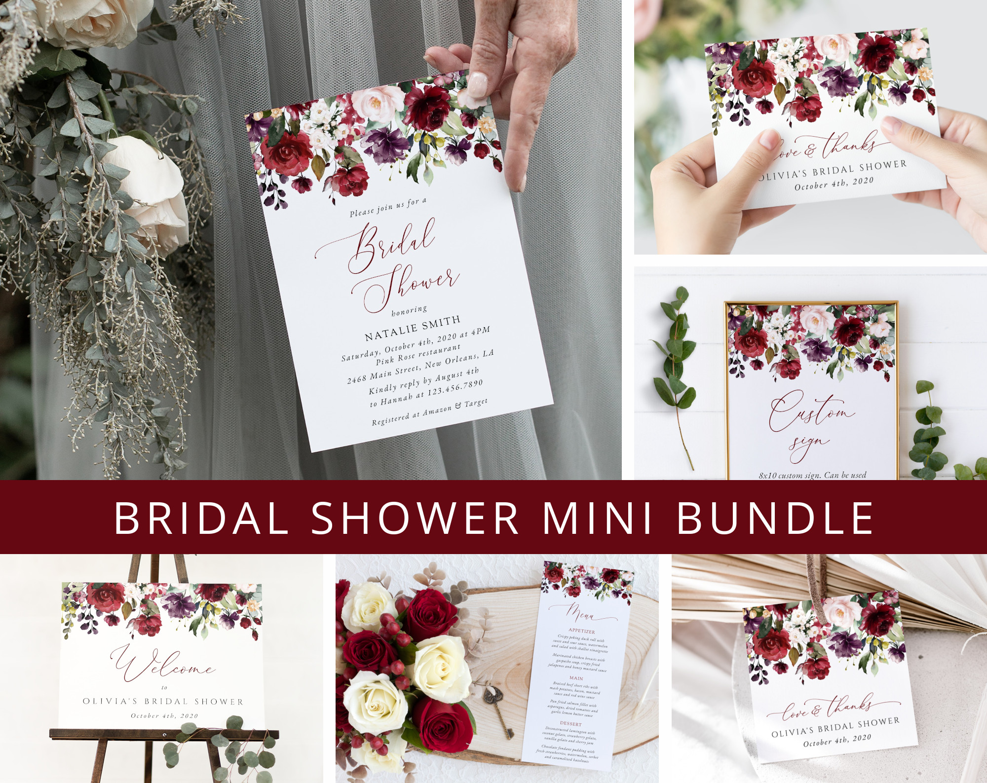 Burgundy, Purple and Blush Flowers Bridal Shower Mini Bundle, Printable File, Edit Yourself, SH169