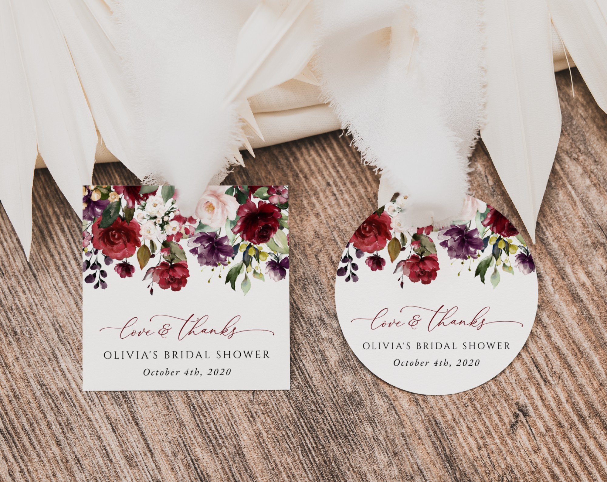 Burgundy, Purple and Blush Flowers Favor Tags, Gift Tags, Bridal Shower, Printable File, Edit Yourself, SH169