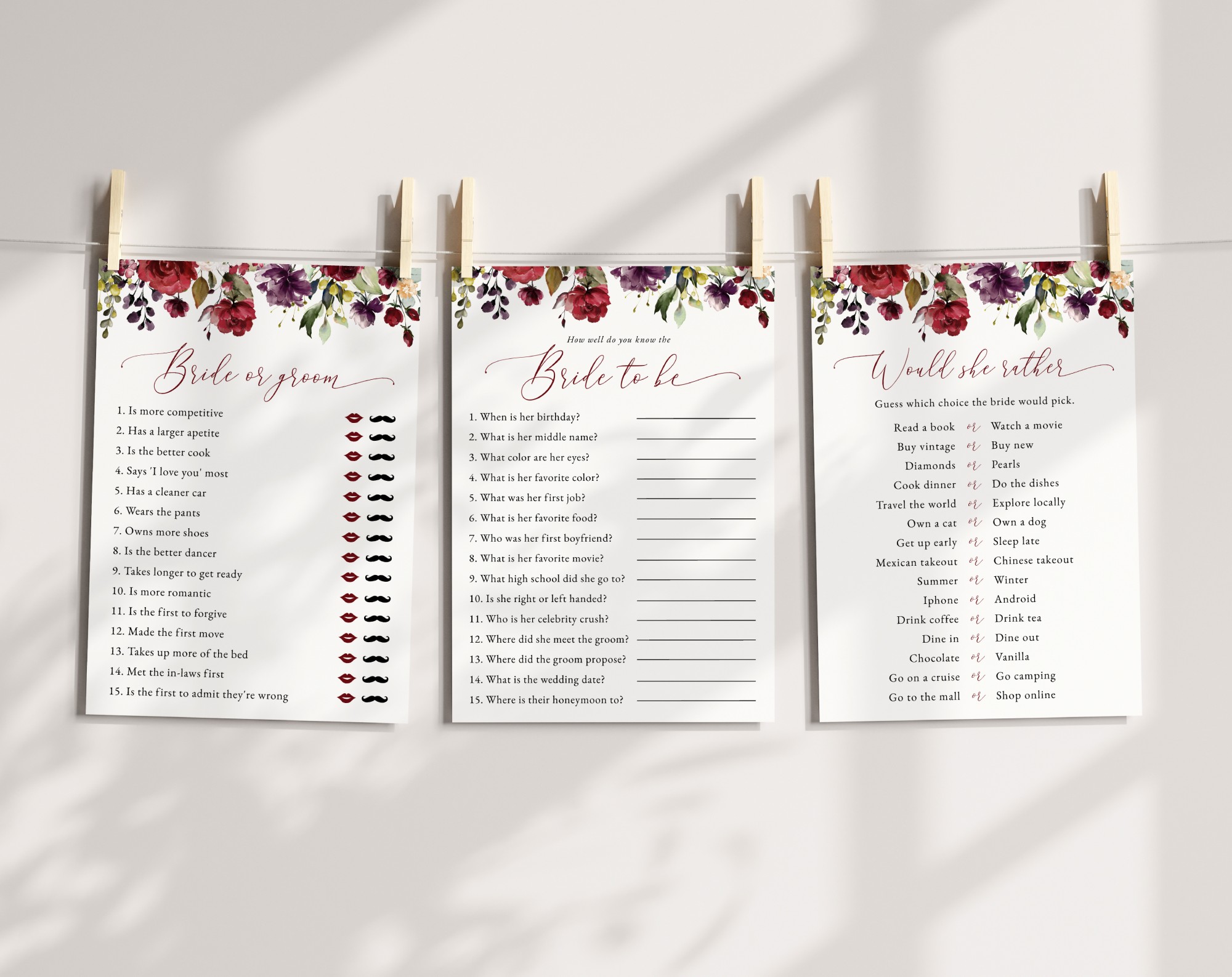 Burgundy, Purple and Blush Flowers Bridal Shower Games, Set of 3 Games, Printable File, Edit Yourself, SH169