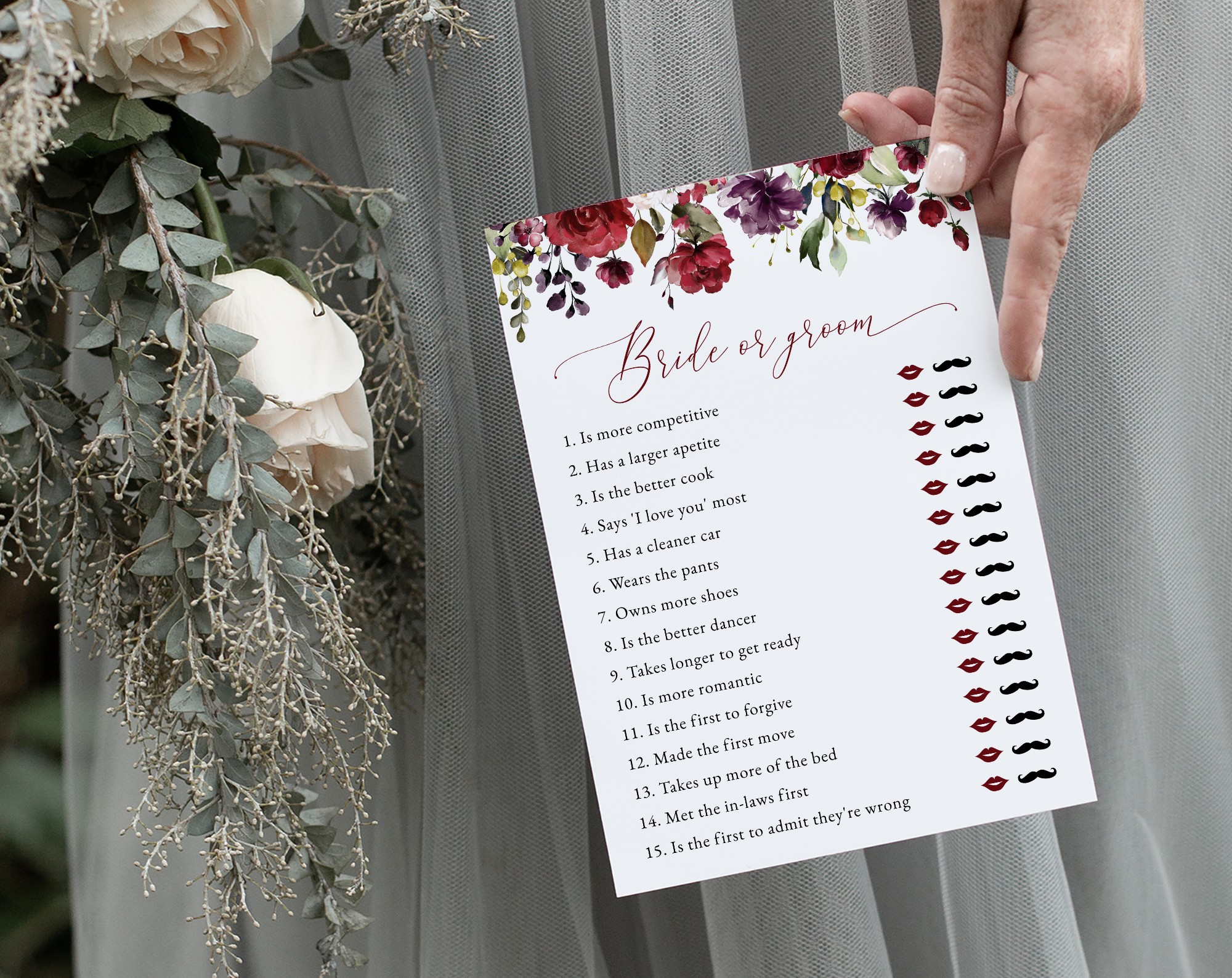 Burgundy, Purple and Blush Flowers Bridal Shower Games, Set of 3 Games, Printable File, Edit Yourself, SH169