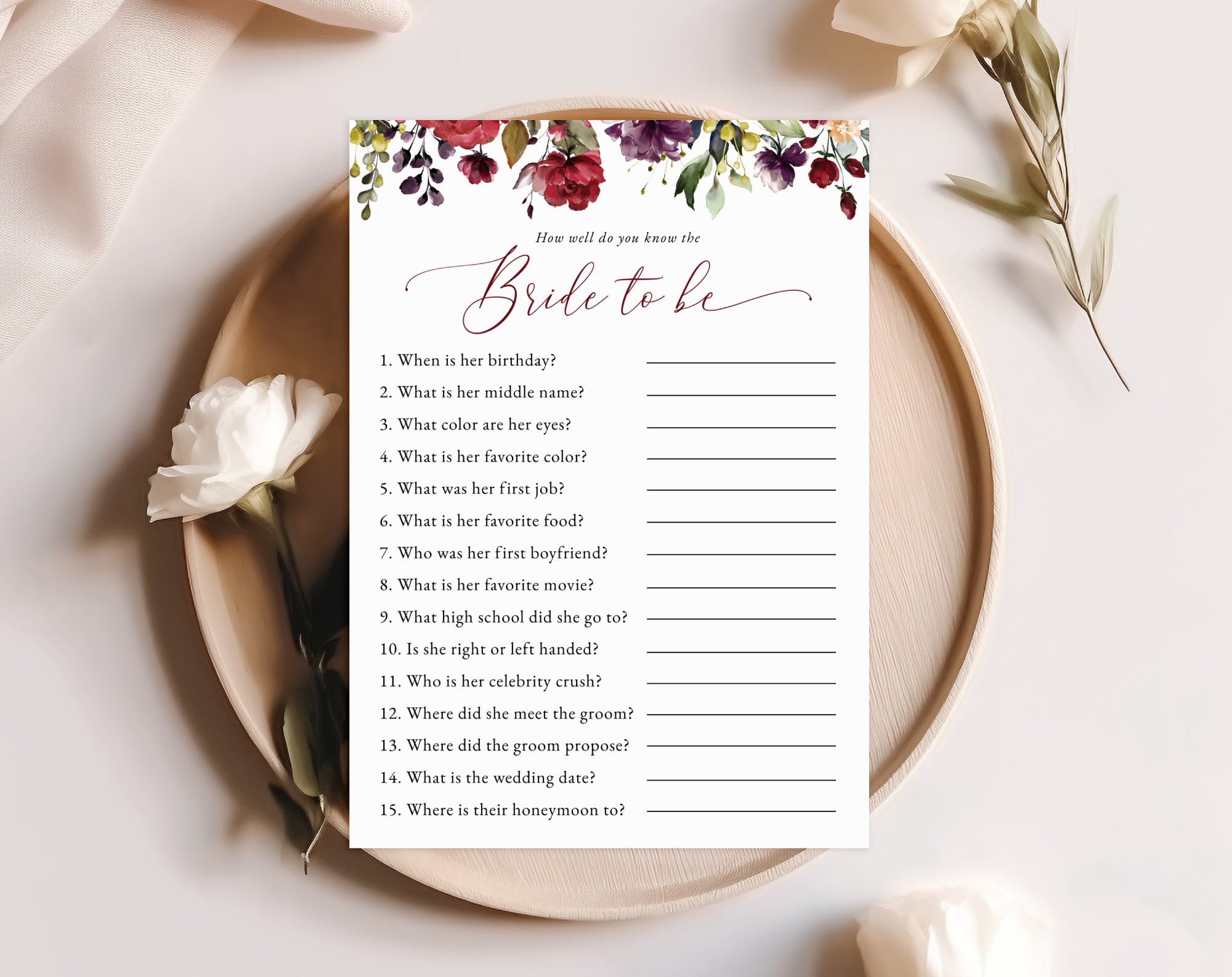 Burgundy, Purple and Blush Flowers Bridal Shower Games, Set of 3 Games, Printable File, Edit Yourself, SH169