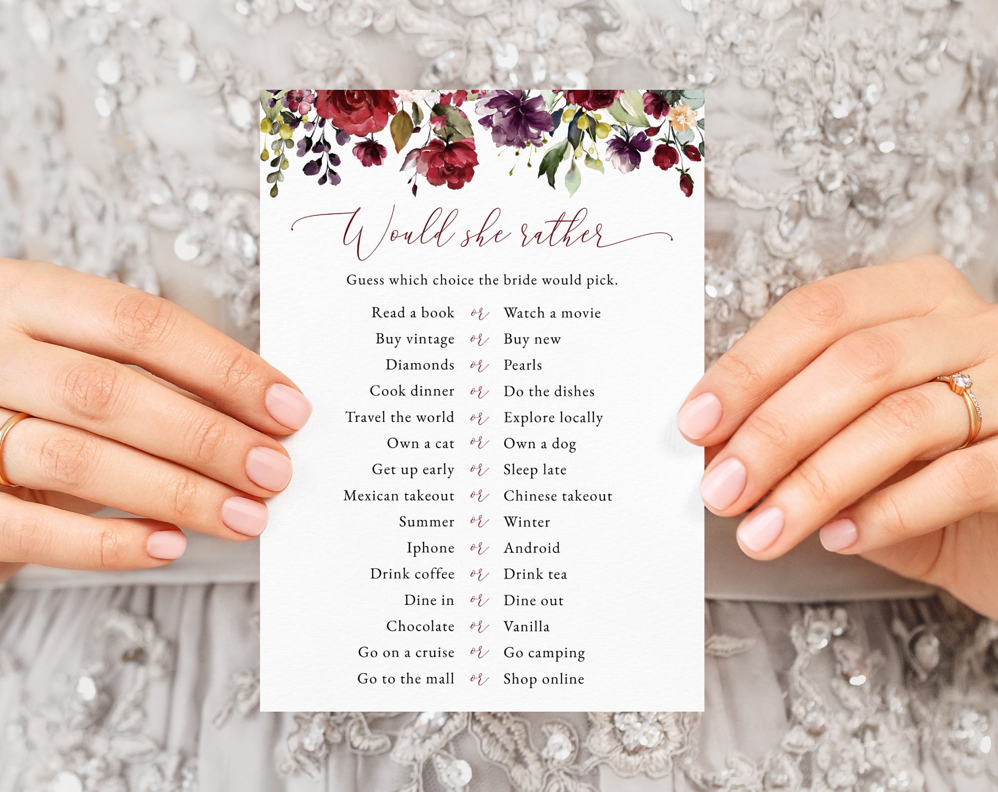 Burgundy, Purple and Blush Flowers Bridal Shower Games, Set of 3 Games, Printable File, Edit Yourself, SH169