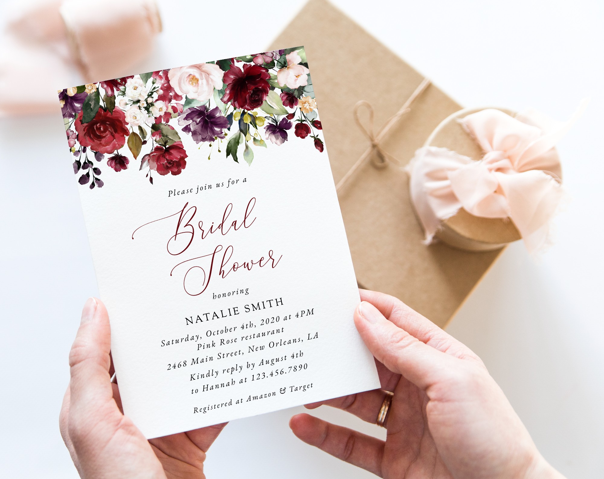 Burgundy, Purple and Blush Flowers Bridal Shower Invitation, Bridal Stationery, Printable File, Edit Yourself, SH169