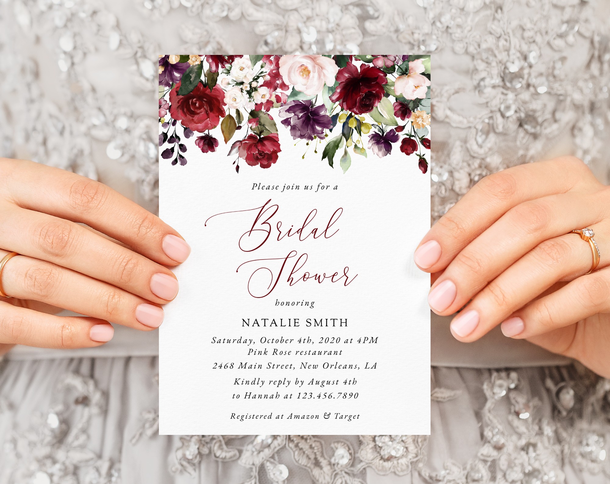 Burgundy, Purple and Blush Flowers Bridal Shower Invitation, Bridal Stationery, Printable File, Edit Yourself, SH169