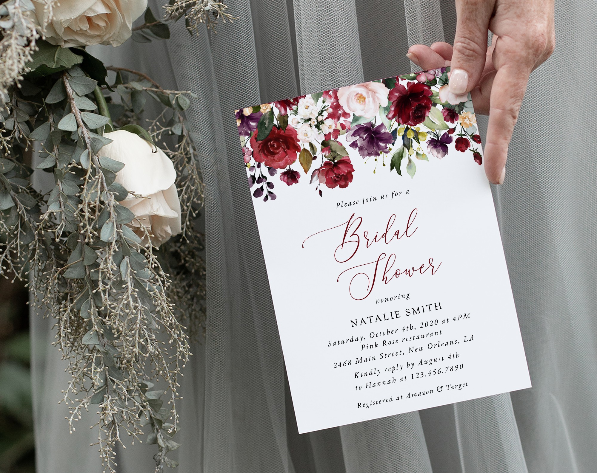 Burgundy, Purple and Blush Flowers Bridal Shower Invitation, Bridal Stationery, Printable File, Edit Yourself, SH169