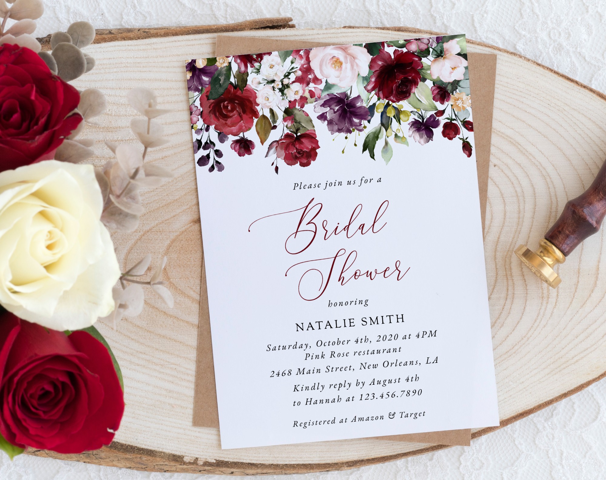 Burgundy, Purple and Blush Flowers Bridal Shower Invitation, Bridal Stationery, Printable File, Edit Yourself, SH169
