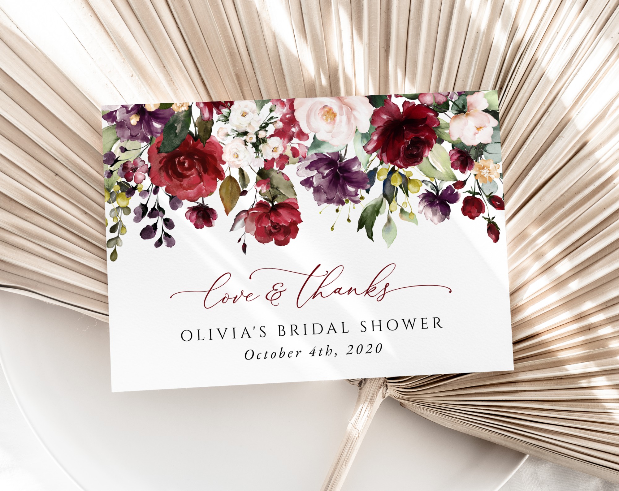 Burgundy, Purple and Blush Flowers Thank You Card, Bridal Shower Stationery, Printable File, Edit Yourself, SH169