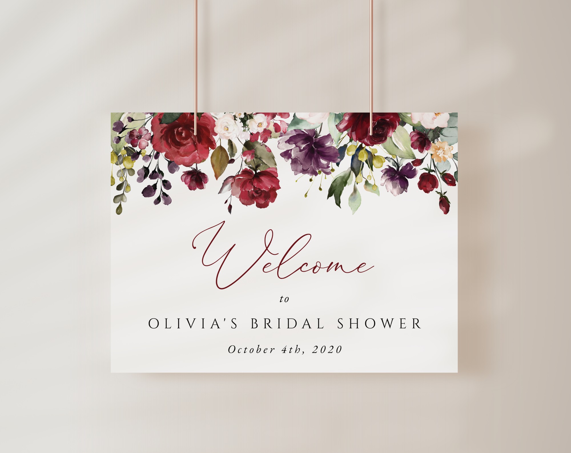 Burgundy, Purple and Blush Flowers Welcome Sign, Bridal Shower Sign, Printable File, Edit Yourself, SH169