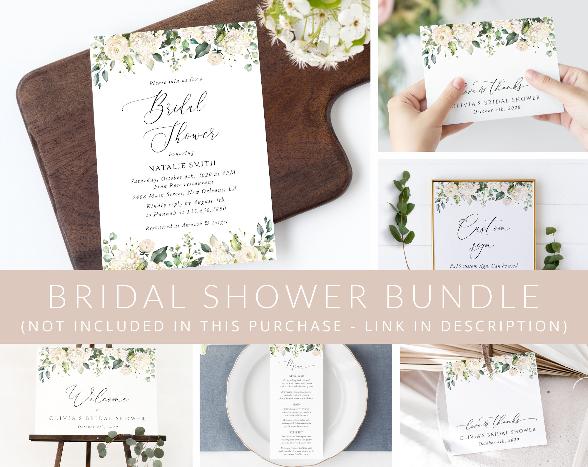 Cream White Flowers Bridal Shower Mini Bundle, Printable File, Edit Yourself, SH170