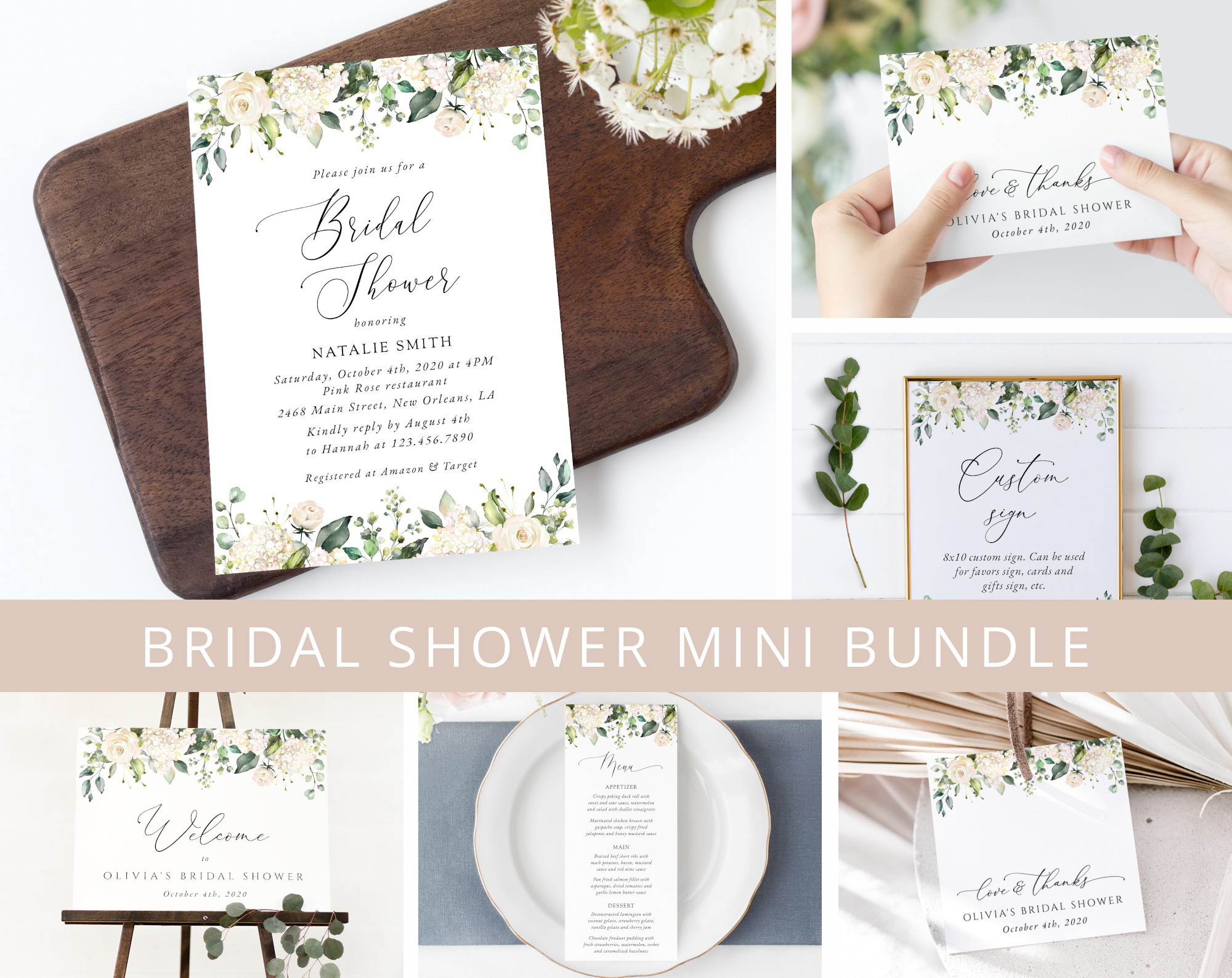 Cream White Flowers Bridal Shower Mini Bundle, Printable File, Edit Yourself, SH170