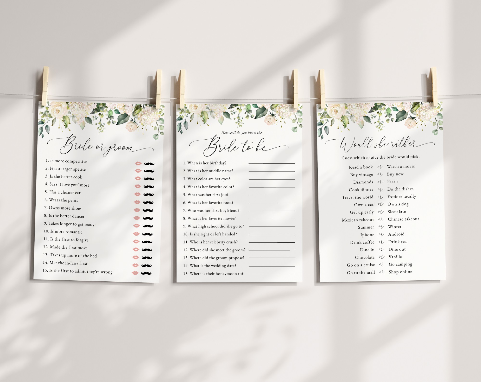 Cream White Flowers Bridal Shower Games, Set of 3 Games, Printable File, Edit Yourself, SH170