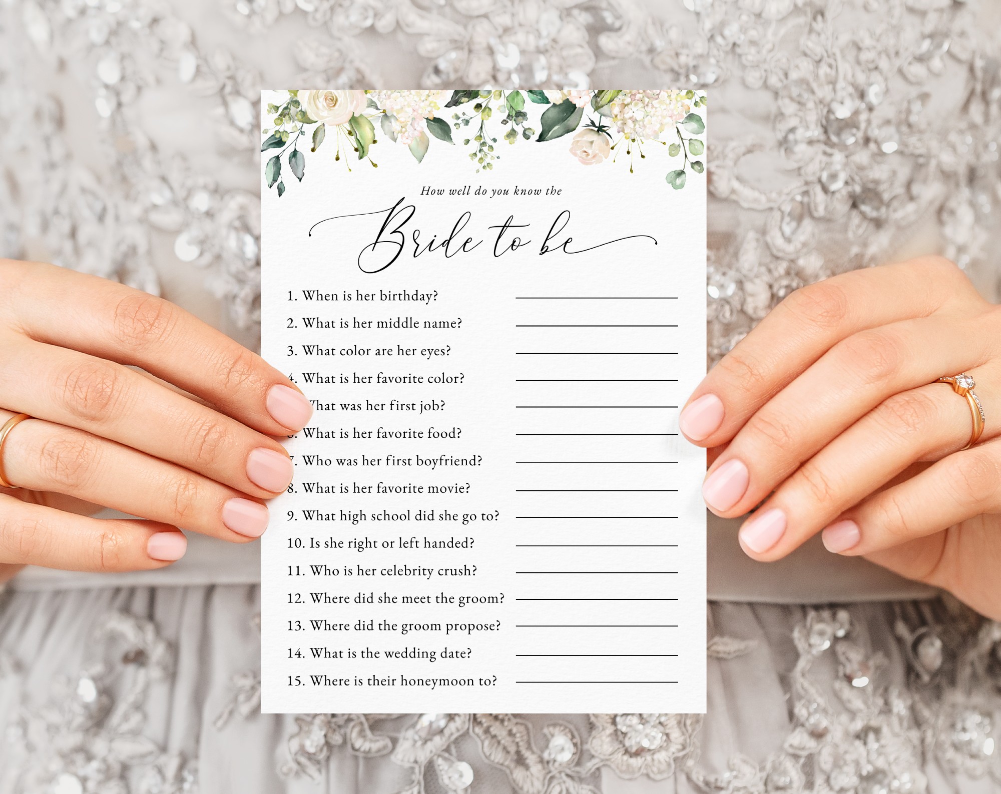 Cream White Flowers Bridal Shower Games, Set of 3 Games, Printable File, Edit Yourself, SH170