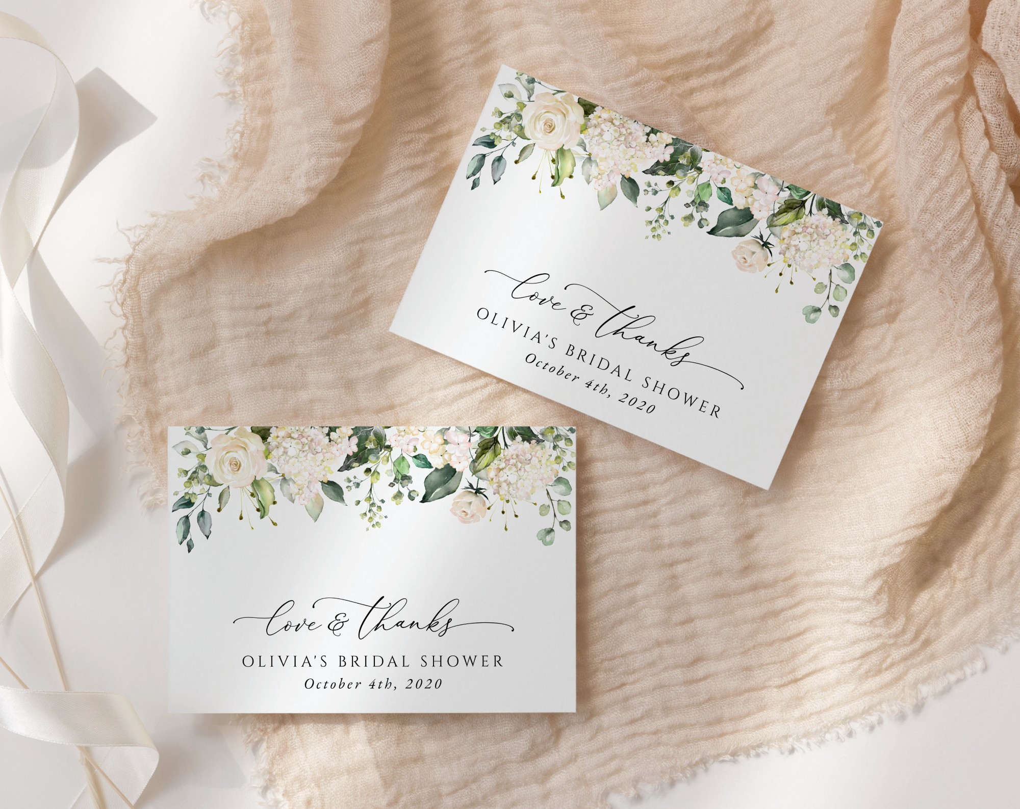 Cream White Flowers Thank You Card, Bridal Shower Stationery, Printable File, Edit Yourself, SH170