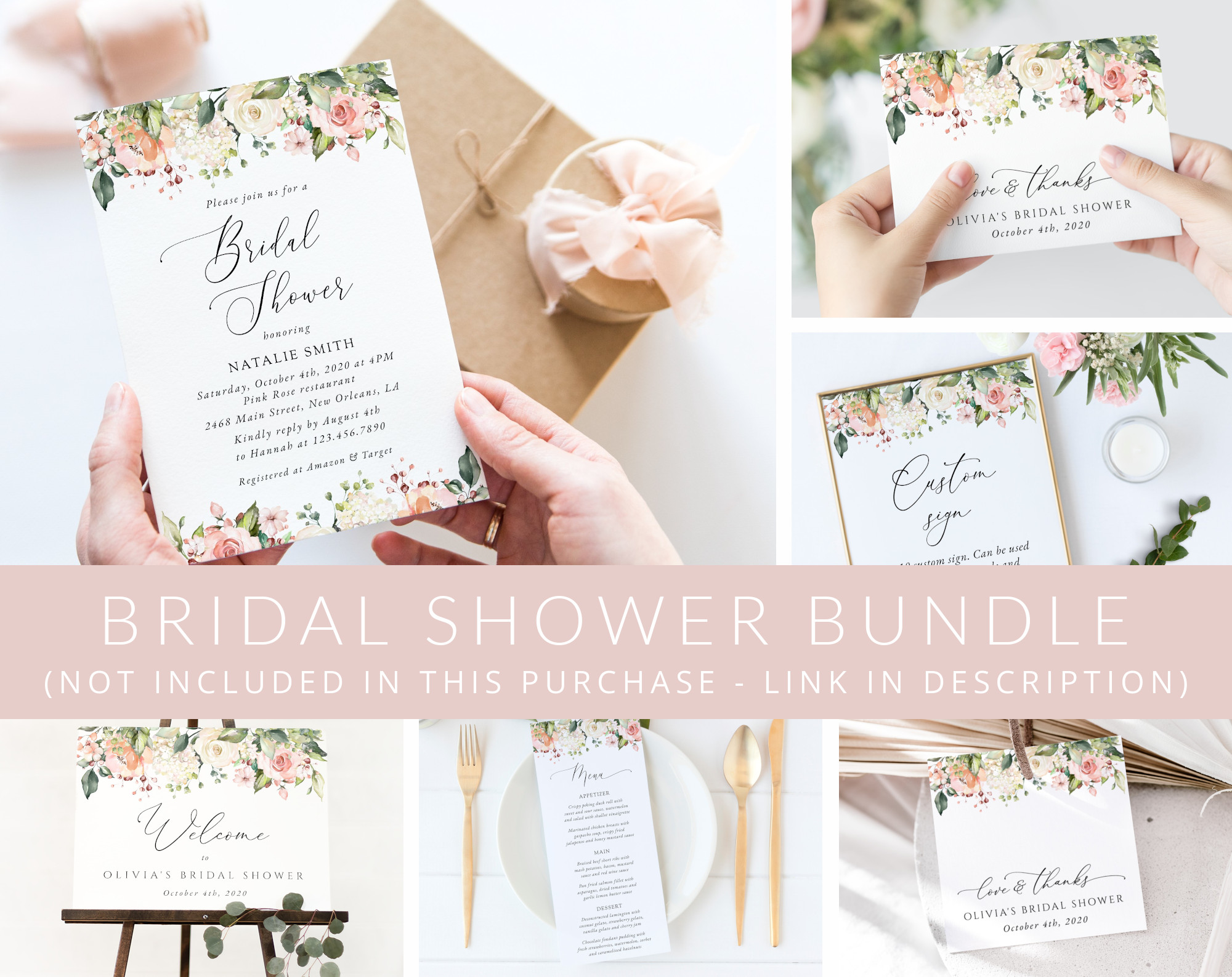 Pink, Orange and White Flowers Bridal Shower Mini Bundle, Printable File, Edit Yourself, SH171