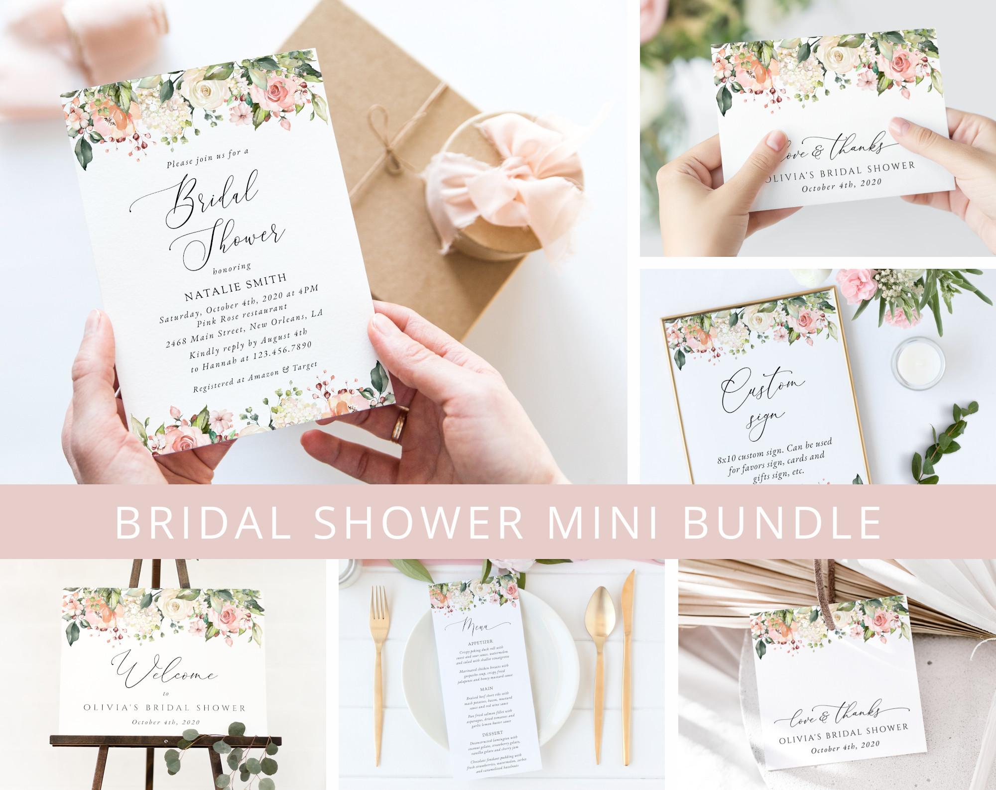 Pink, Orange and White Flowers Bridal Shower Mini Bundle, Printable File, Edit Yourself, SH171