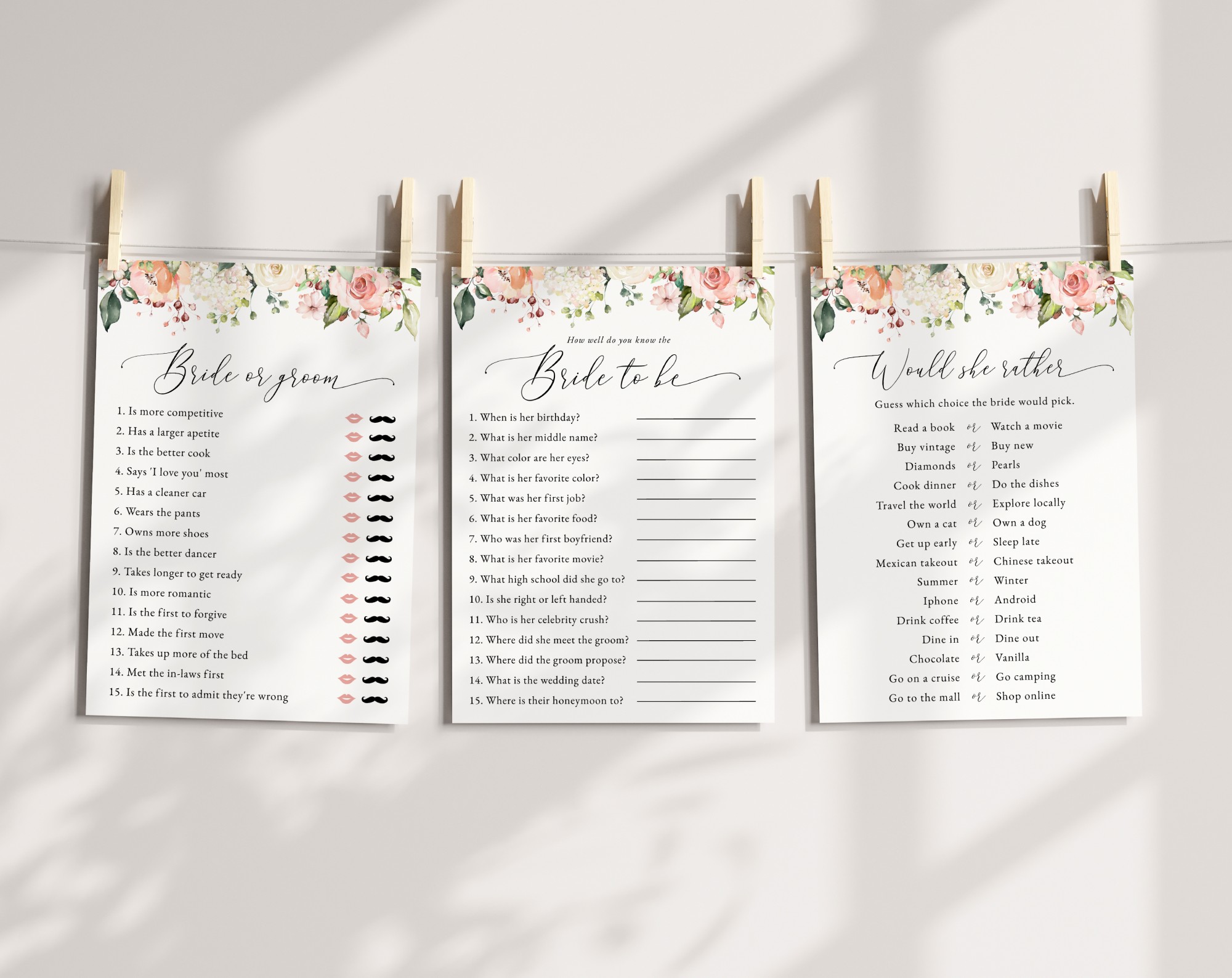 Pink, Orange and White Flowers Bridal Shower Games, Set of 3 Games, Printable File, Edit Yourself, SH171