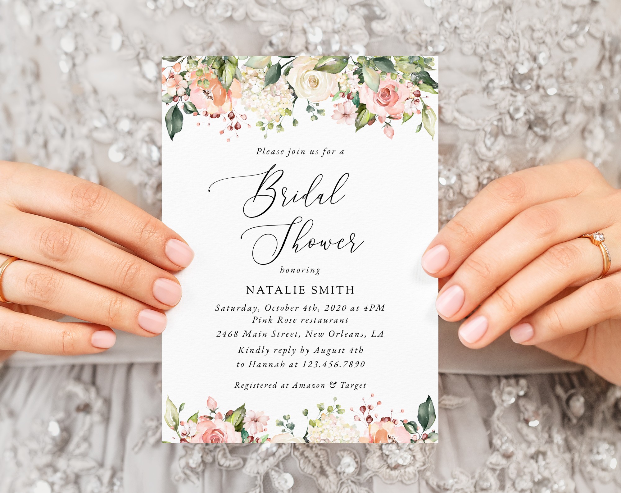 Pink, Orange and White Flowers Bridal Shower Invitation, Bridal Stationery, Printable File, Edit Yourself, SH171