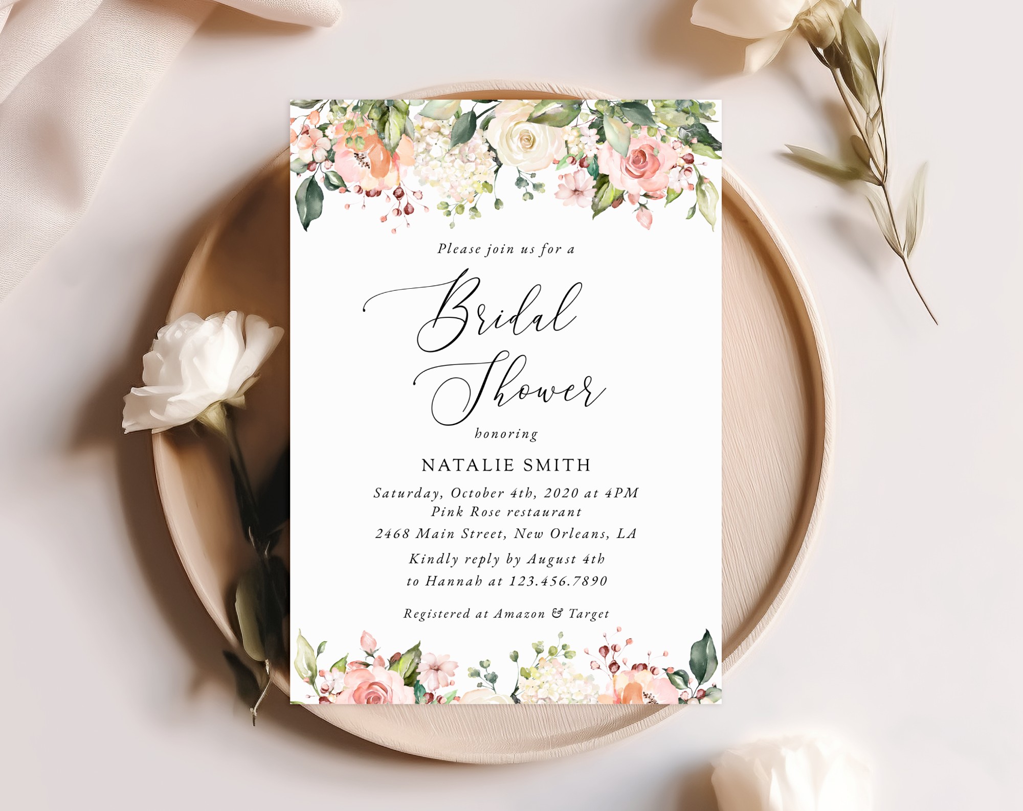 Pink, Orange and White Flowers Bridal Shower Invitation, Bridal Stationery, Printable File, Edit Yourself, SH171