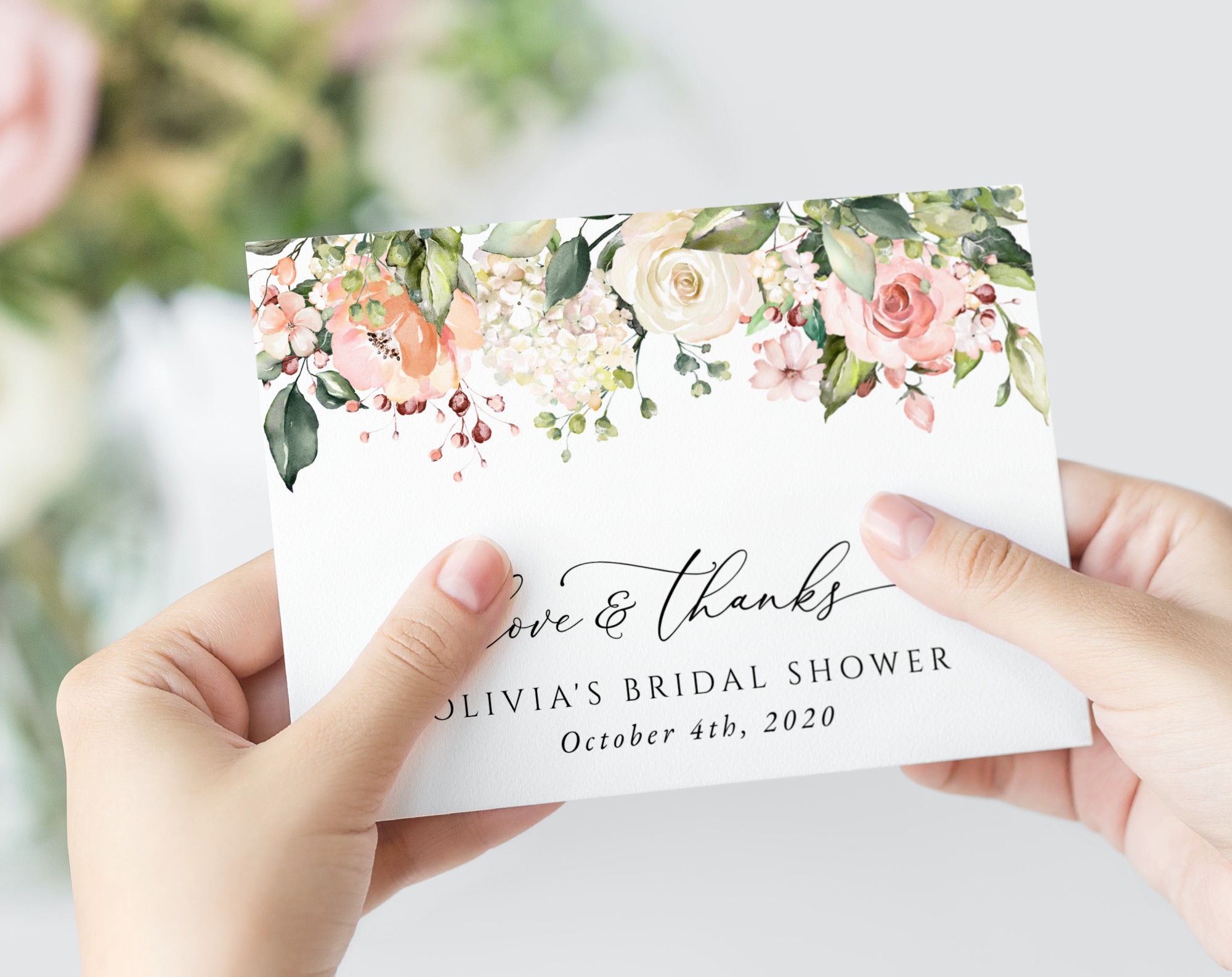 Pink, Orange and White Flowers Thank You Card, Bridal Shower Stationery, Printable File, Edit Yourself, SH171