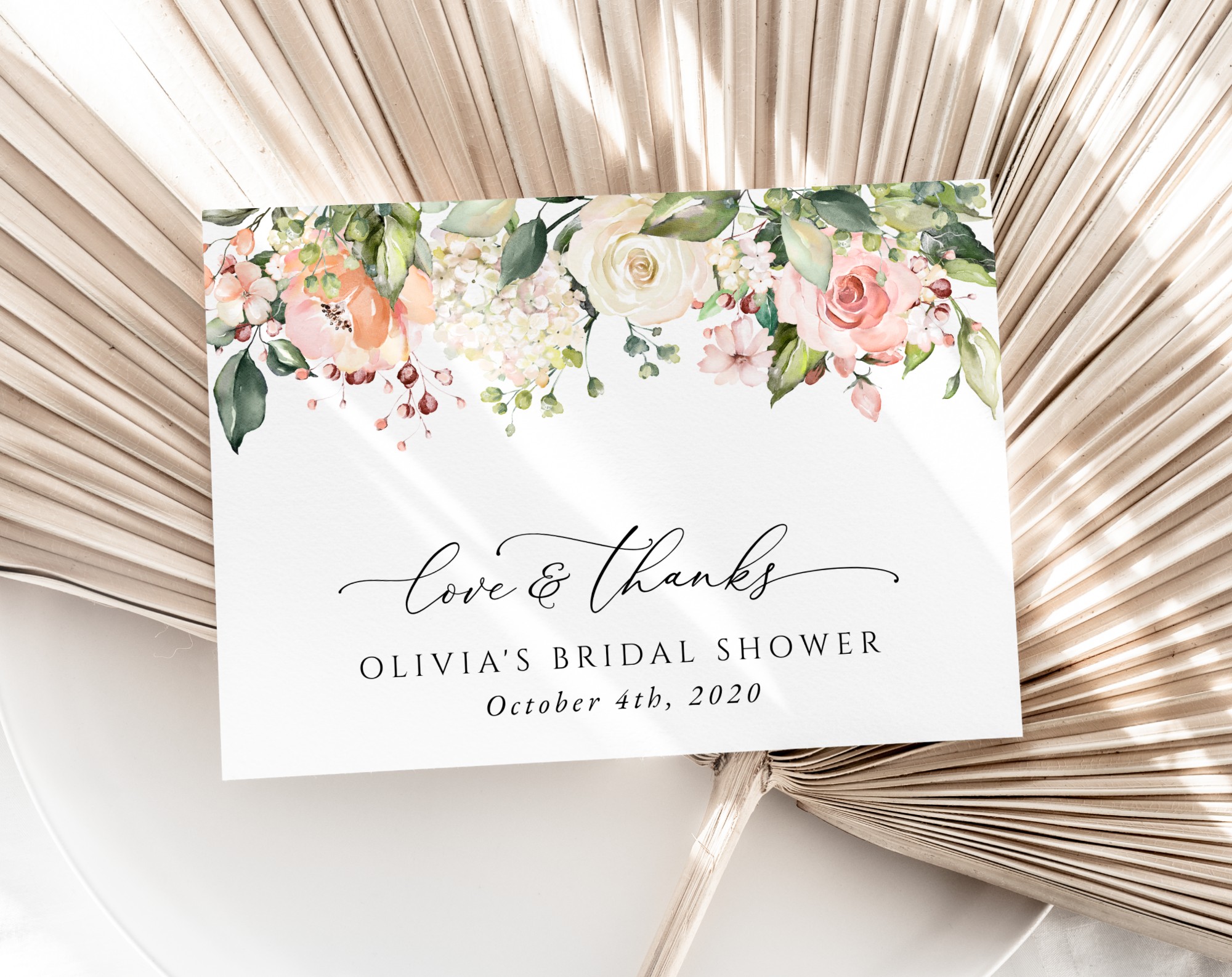 Pink, Orange and White Flowers Thank You Card, Bridal Shower Stationery, Printable File, Edit Yourself, SH171