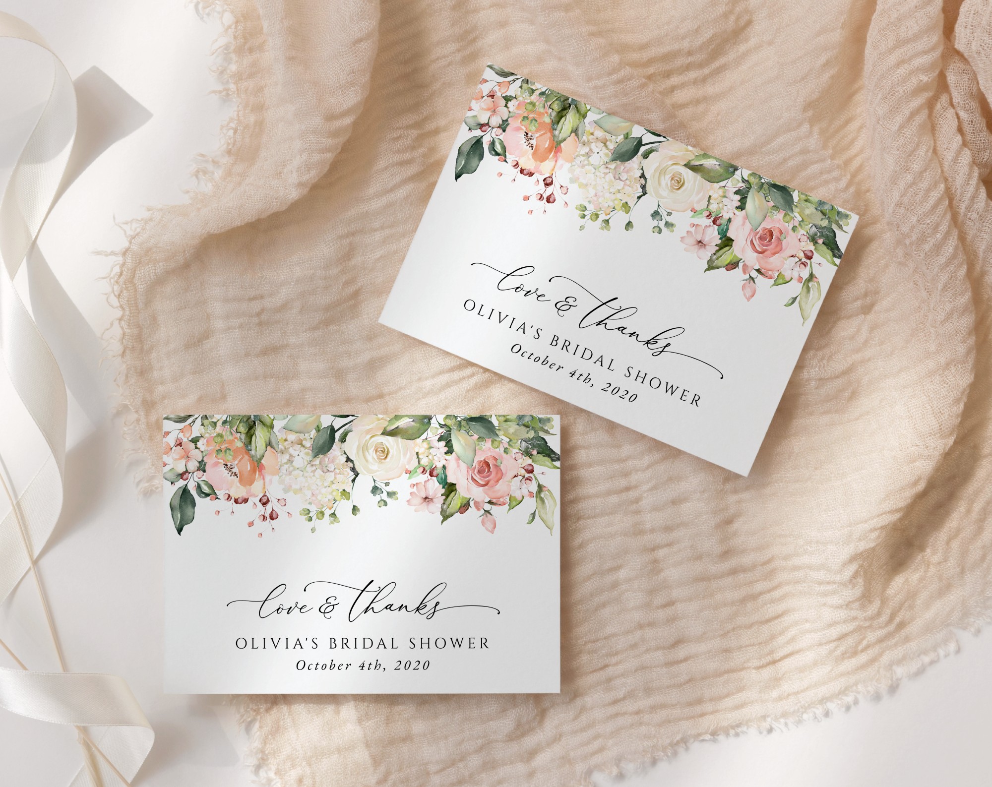 Pink, Orange and White Flowers Thank You Card, Bridal Shower Stationery, Printable File, Edit Yourself, SH171