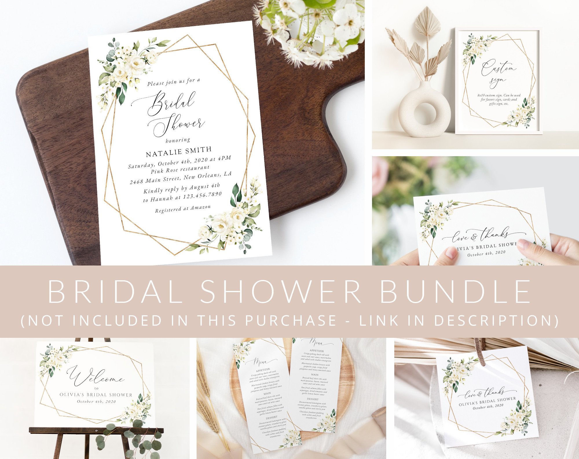 White Flowers Bridal Shower Mini Bundle, Printable File, Edit Yourself, SH172