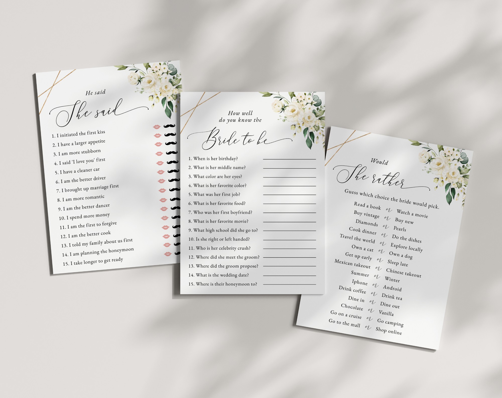 White Flowers Bridal Shower Games, Set of 3 Games, Printable File, Edit Yourself, SH172
