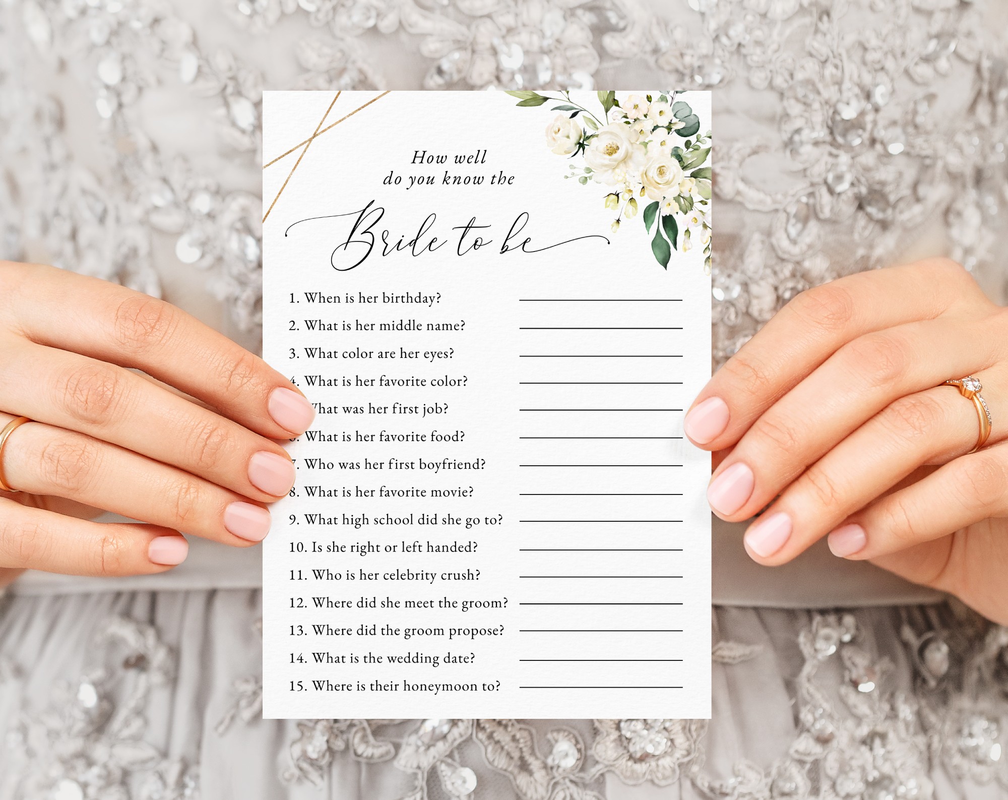White Flowers Bridal Shower Games, Set of 3 Games, Printable File, Edit Yourself, SH172