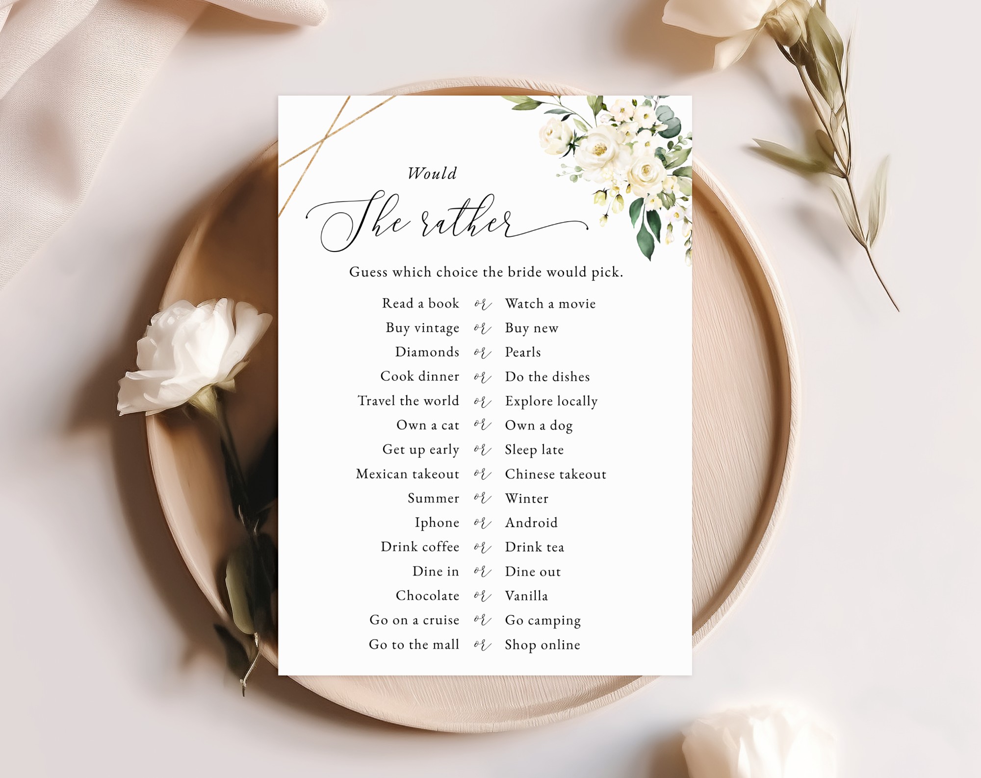 White Flowers Bridal Shower Games, Set of 3 Games, Printable File, Edit Yourself, SH172
