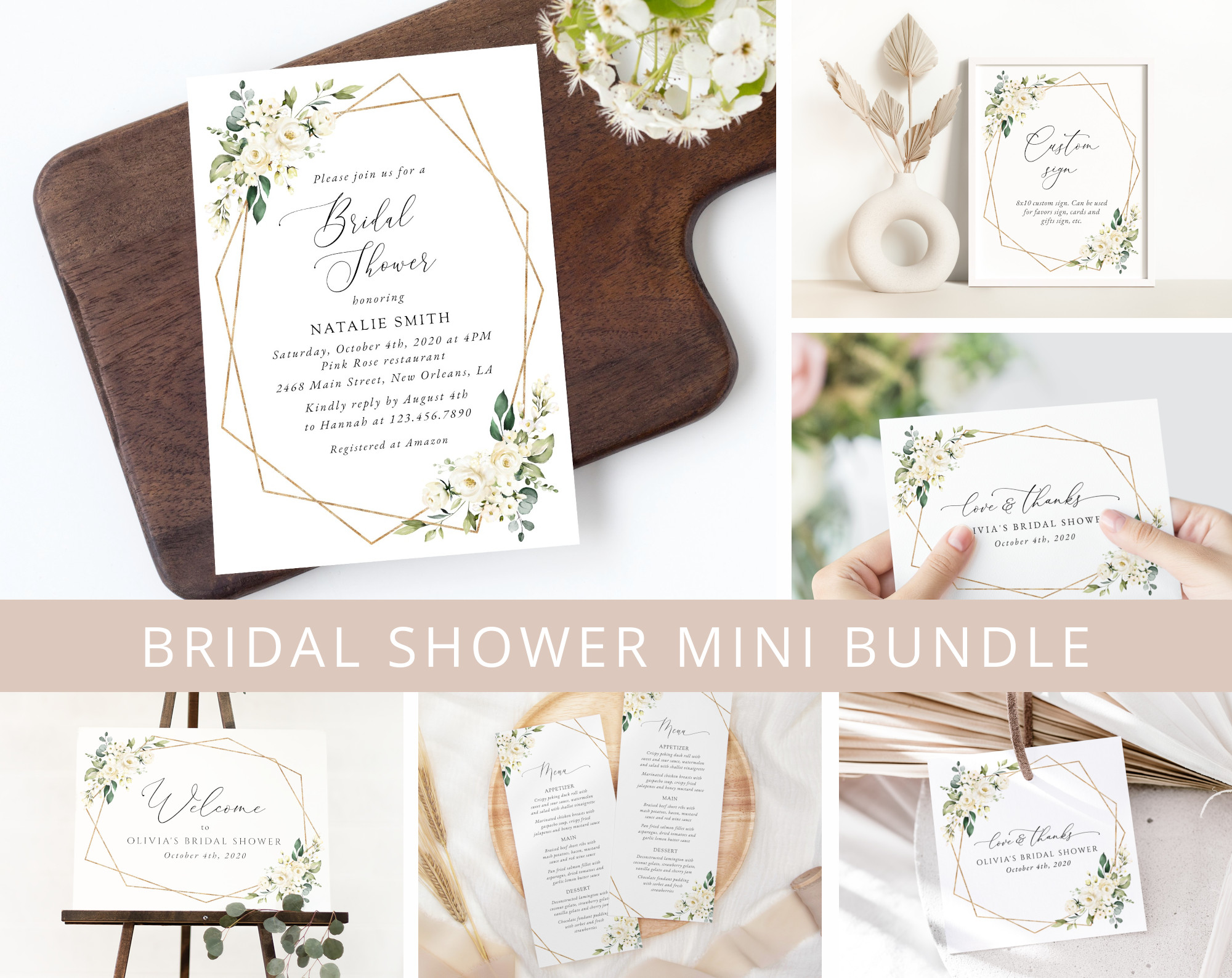 White Flowers Bridal Shower Mini Bundle, Printable File, Edit Yourself, SH172
