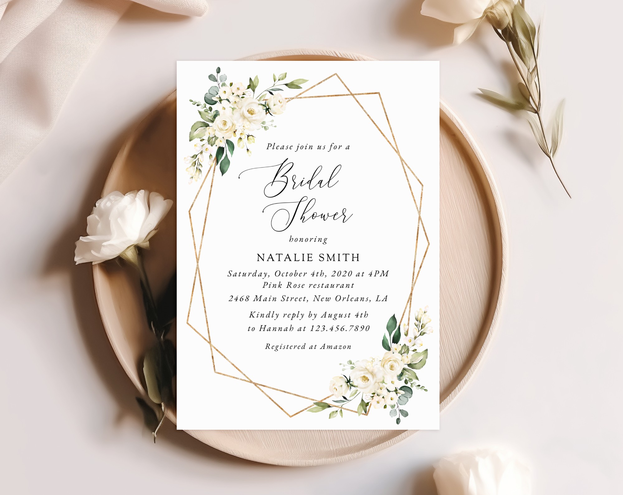 White Flowers Bridal Shower Invitation, Bridal Stationery, Printable File, Edit Yourself, SH172