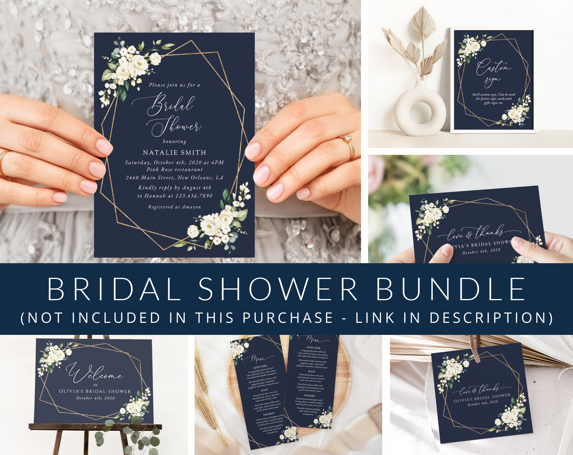 Navy and White Flowers Bridal Shower Mini Bundle, Printable File, Edit Yourself, SH173
