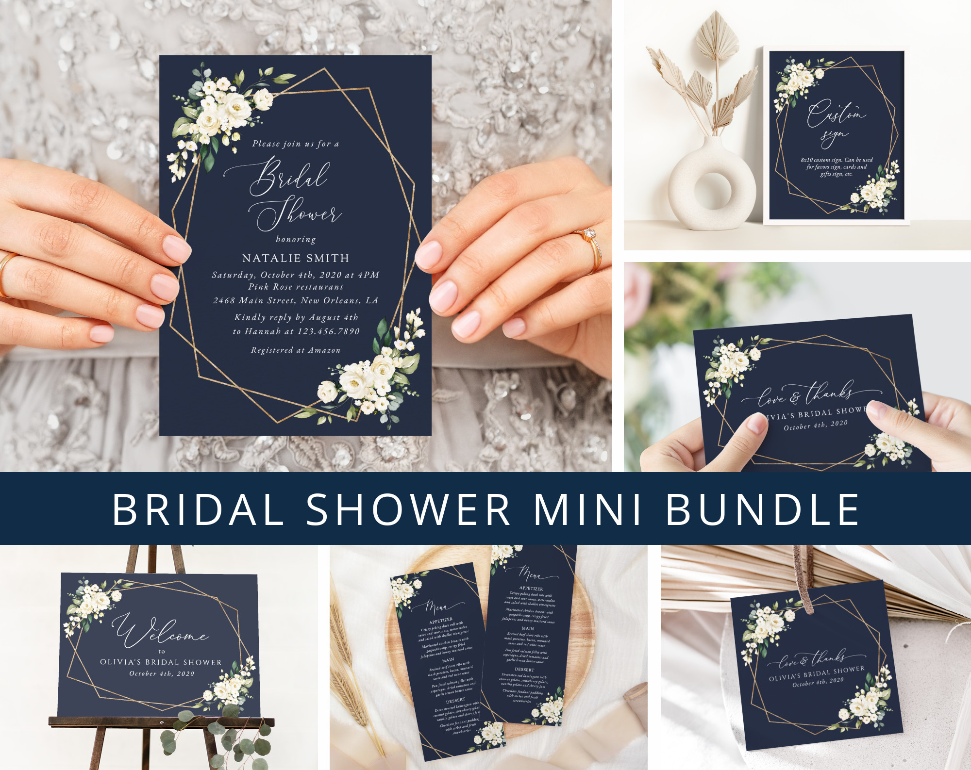 Navy and White Flowers Bridal Shower Mini Bundle, Printable File, Edit Yourself, SH173