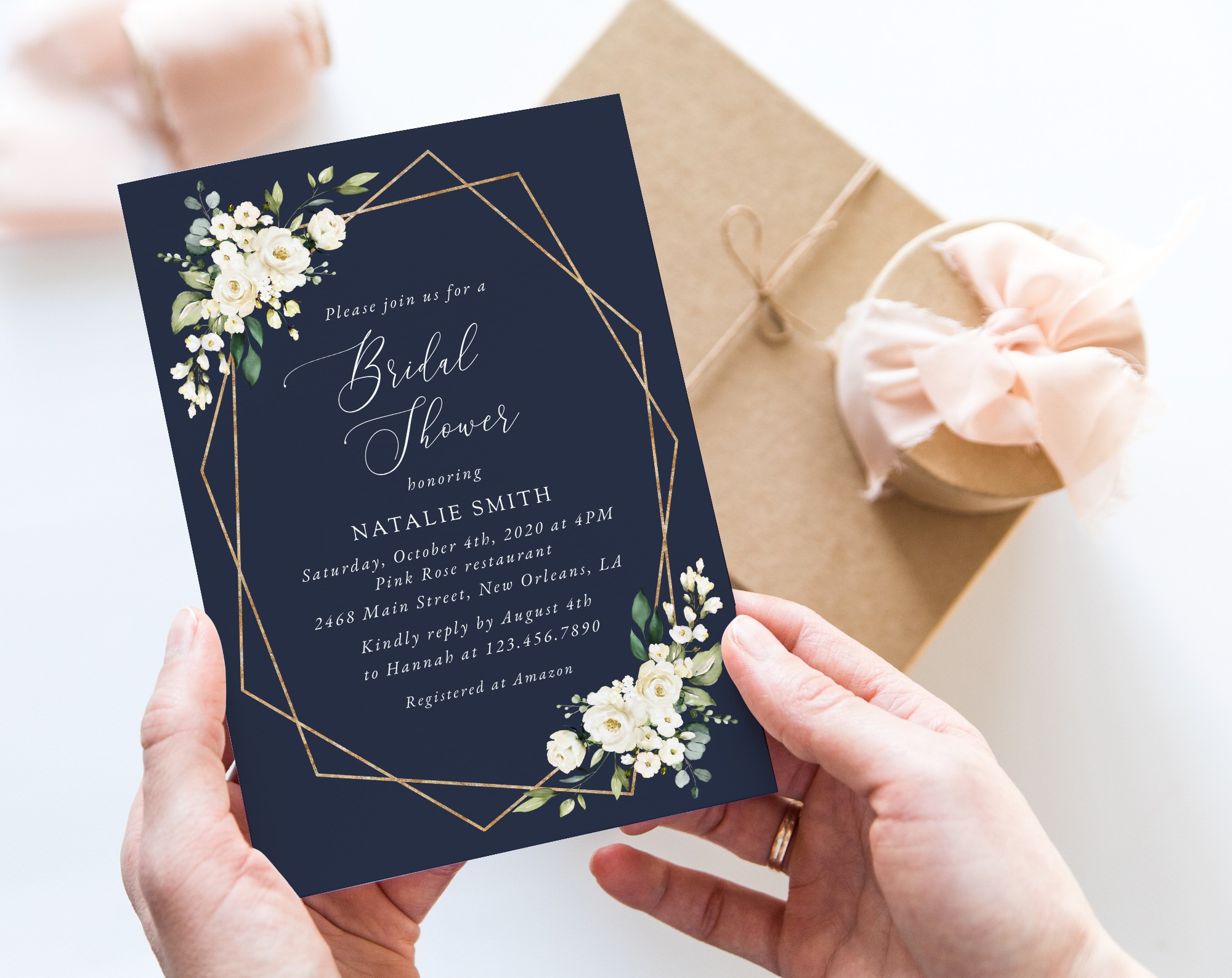 Navy and White Flowers Bridal Shower Invitation, Bridal Stationery, Printable File, Edit Yourself, SH173
