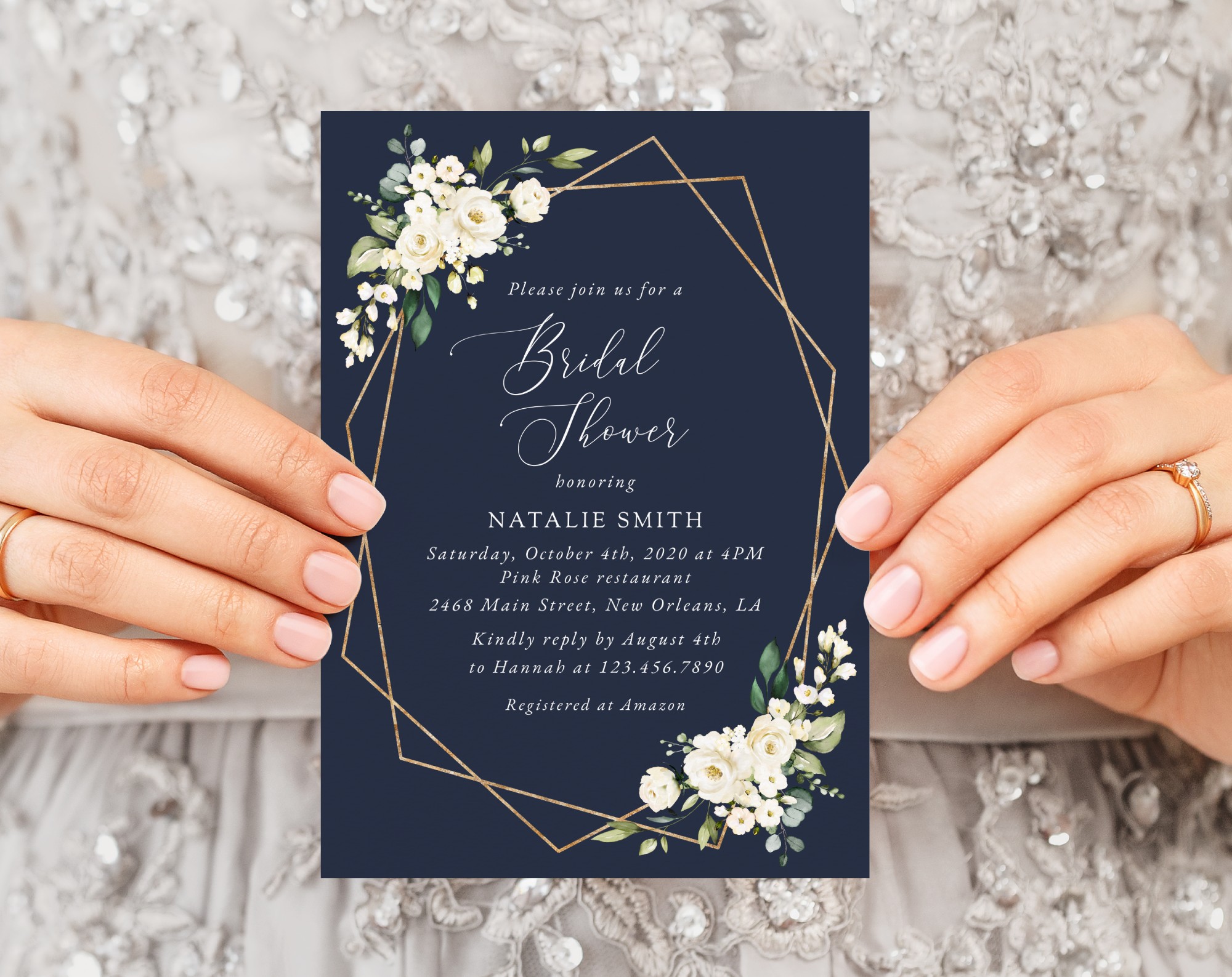 Navy and White Flowers Bridal Shower Invitation, Bridal Stationery, Printable File, Edit Yourself, SH173